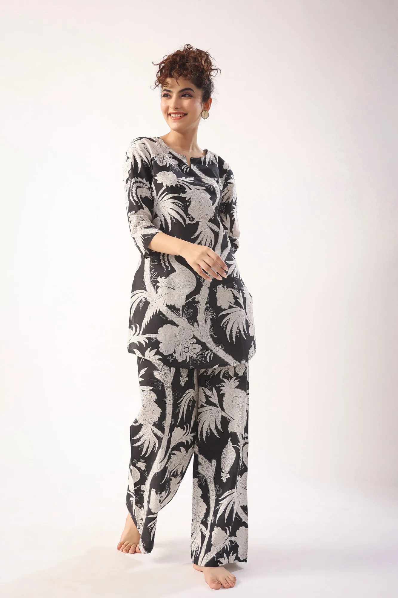 Bird Print On Black Palazzo Loungewear Set