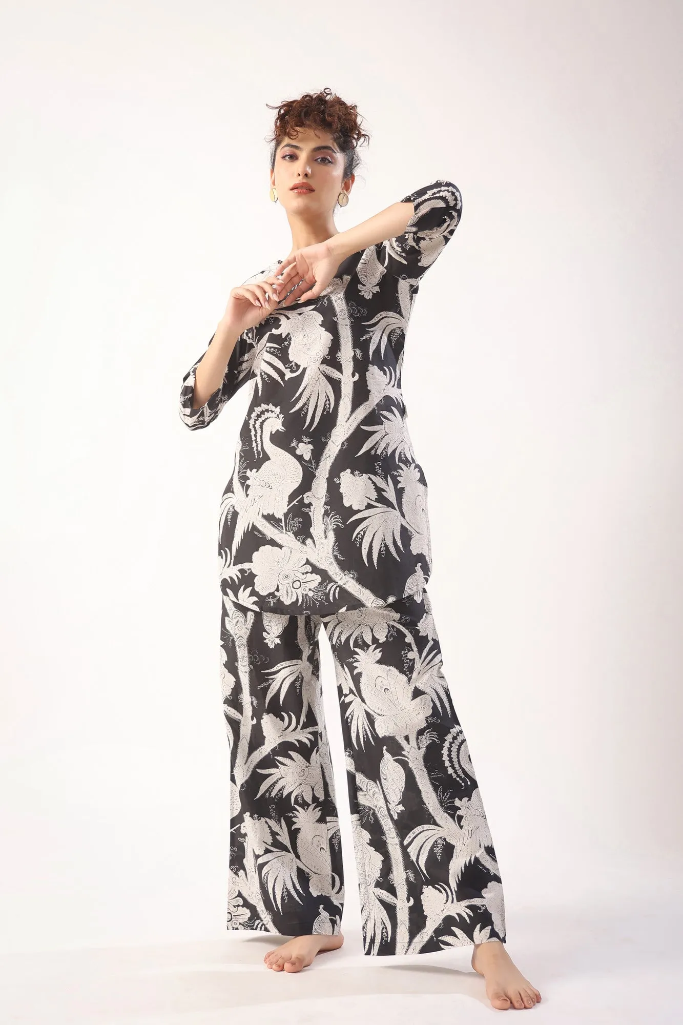 Bird Print On Black Palazzo Loungewear Set