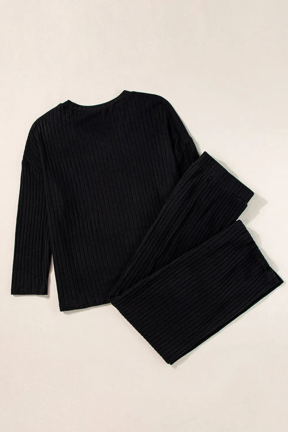 Black Plus Size Ribbed V Neck Pullover and Pants Set