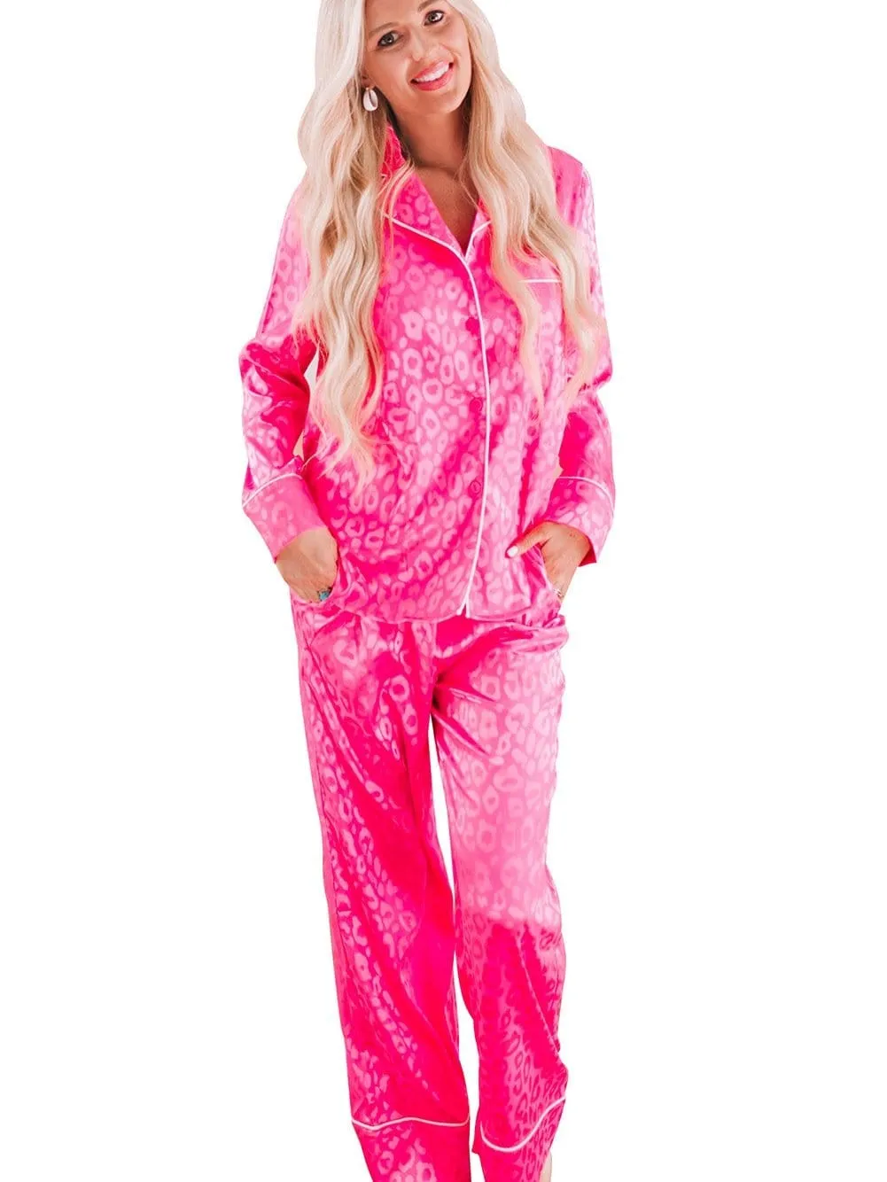 Button-Down Satin Pajama Set in Pink Leopard