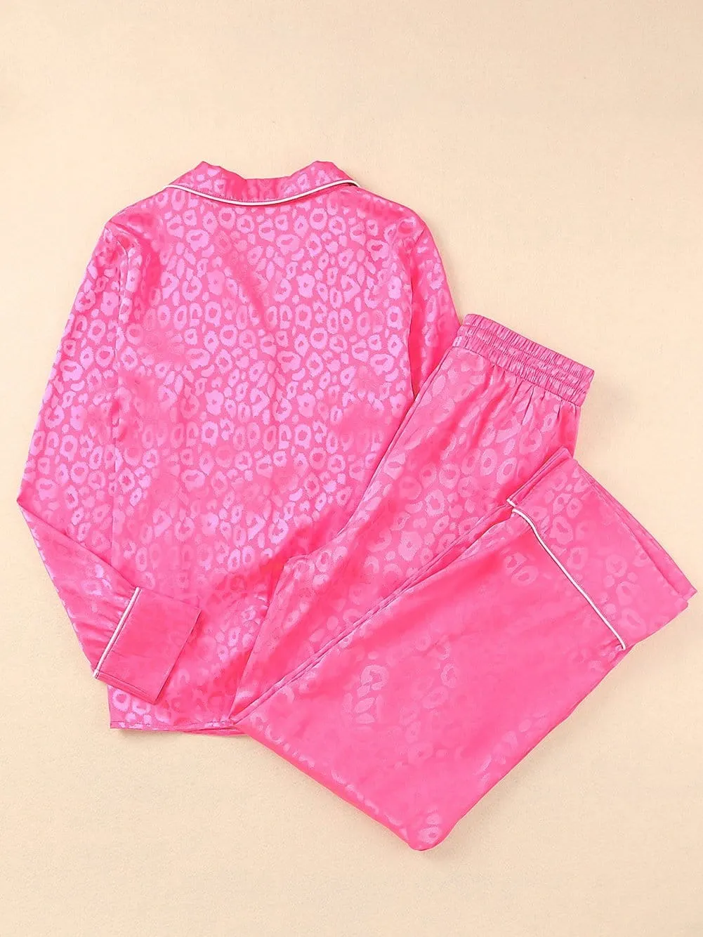 Button-Down Satin Pajama Set in Pink Leopard