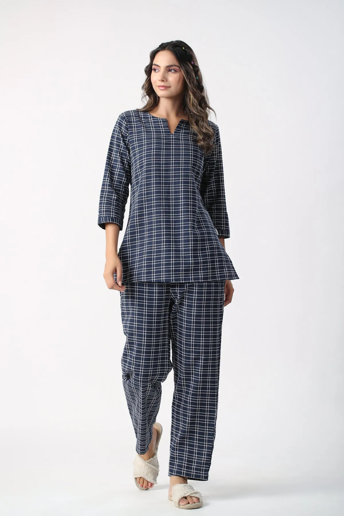 Checkered Blue Cotton Flex Loungewear Top Set