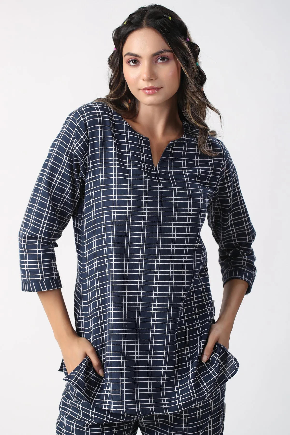 Checkered Blue Cotton Flex Loungewear Top Set