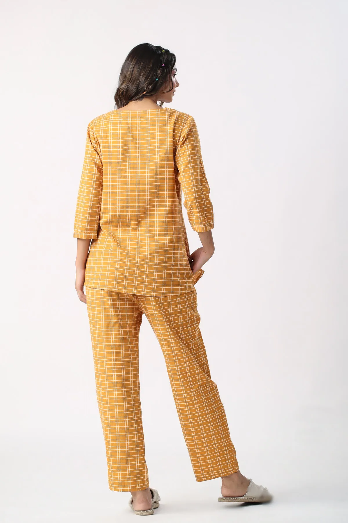 Checkered Saffron Cotton Flex Loungewear Top Set