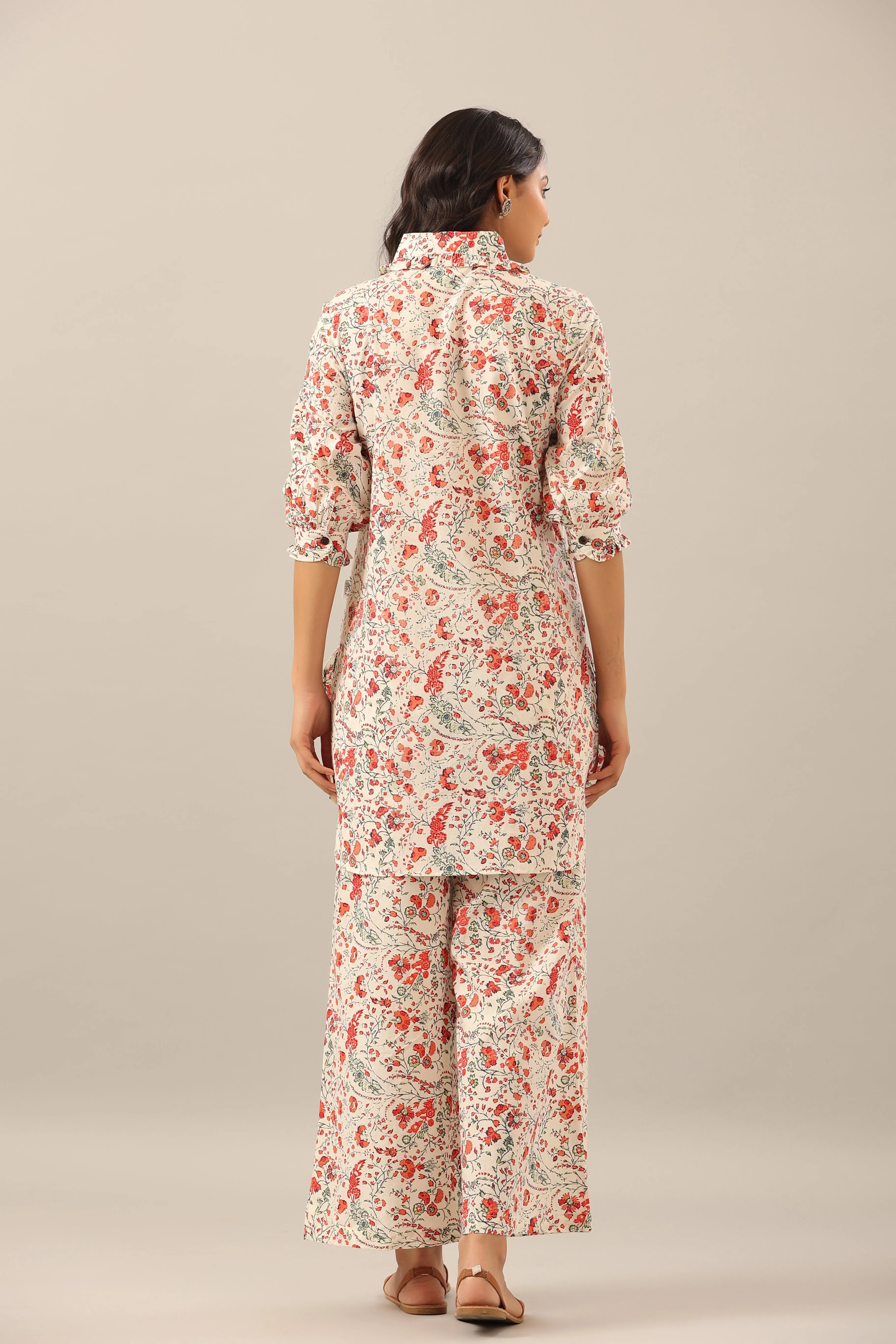 Chintz Collared Floral Jaal on white Collared Palazzo Loungewear Set