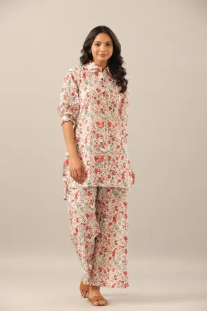 Chintz Collared Floral Jaal on white Collared Palazzo Loungewear Set