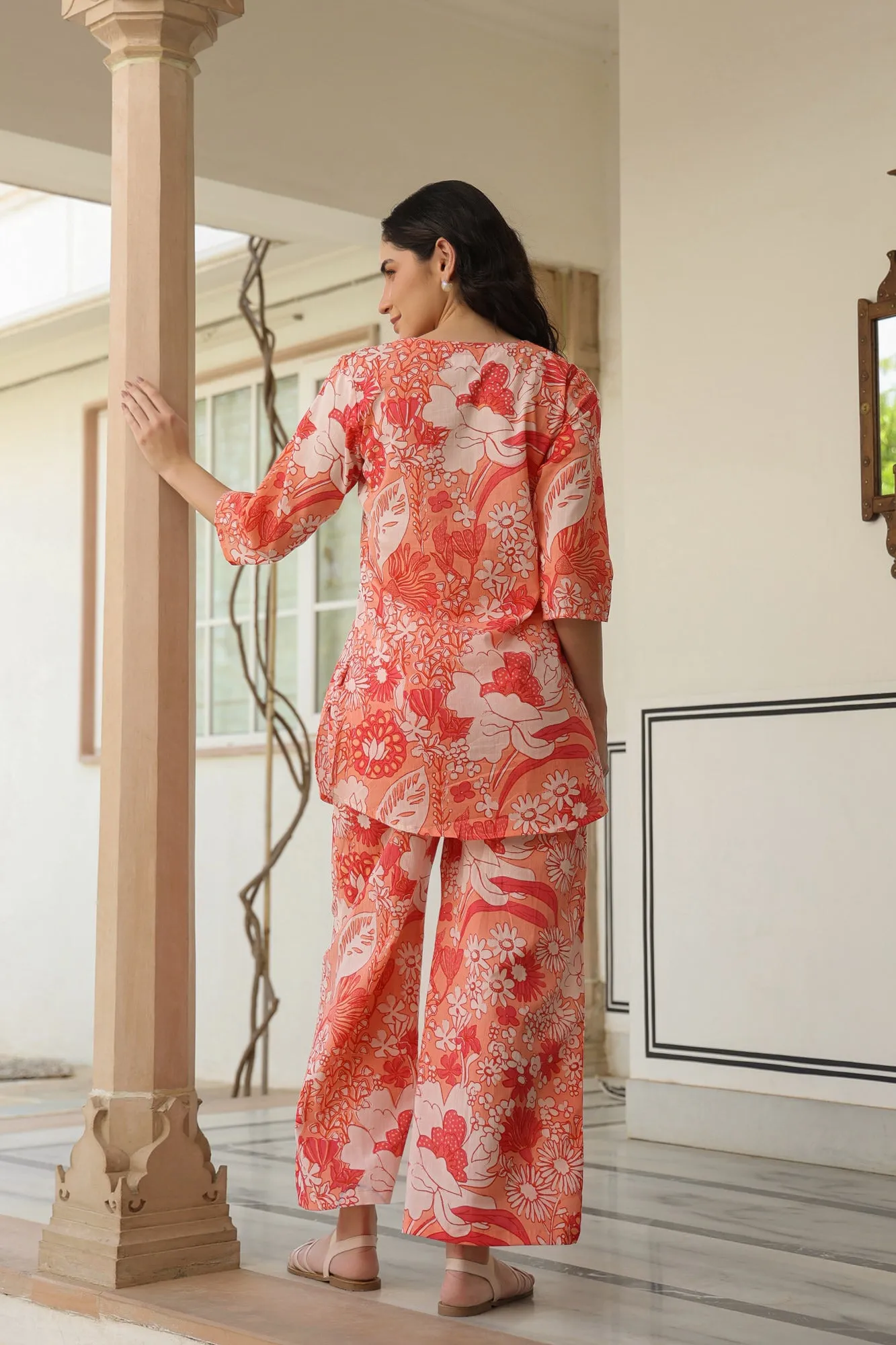 Crimson Garden Cotton Palazzo Loungewear Set