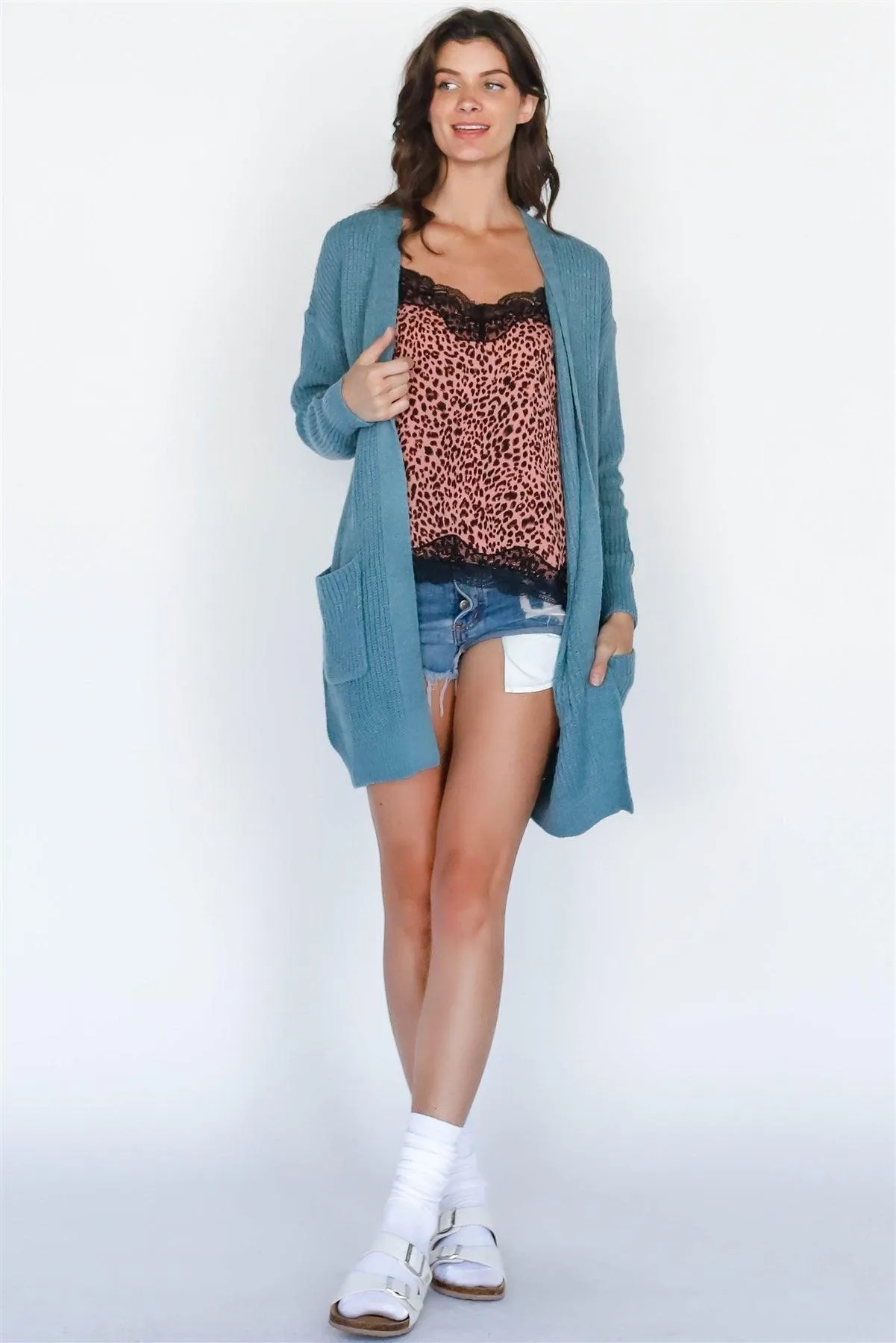 Emerald Blue Knit Open Front Two Pocket Cardigan /2-2-2