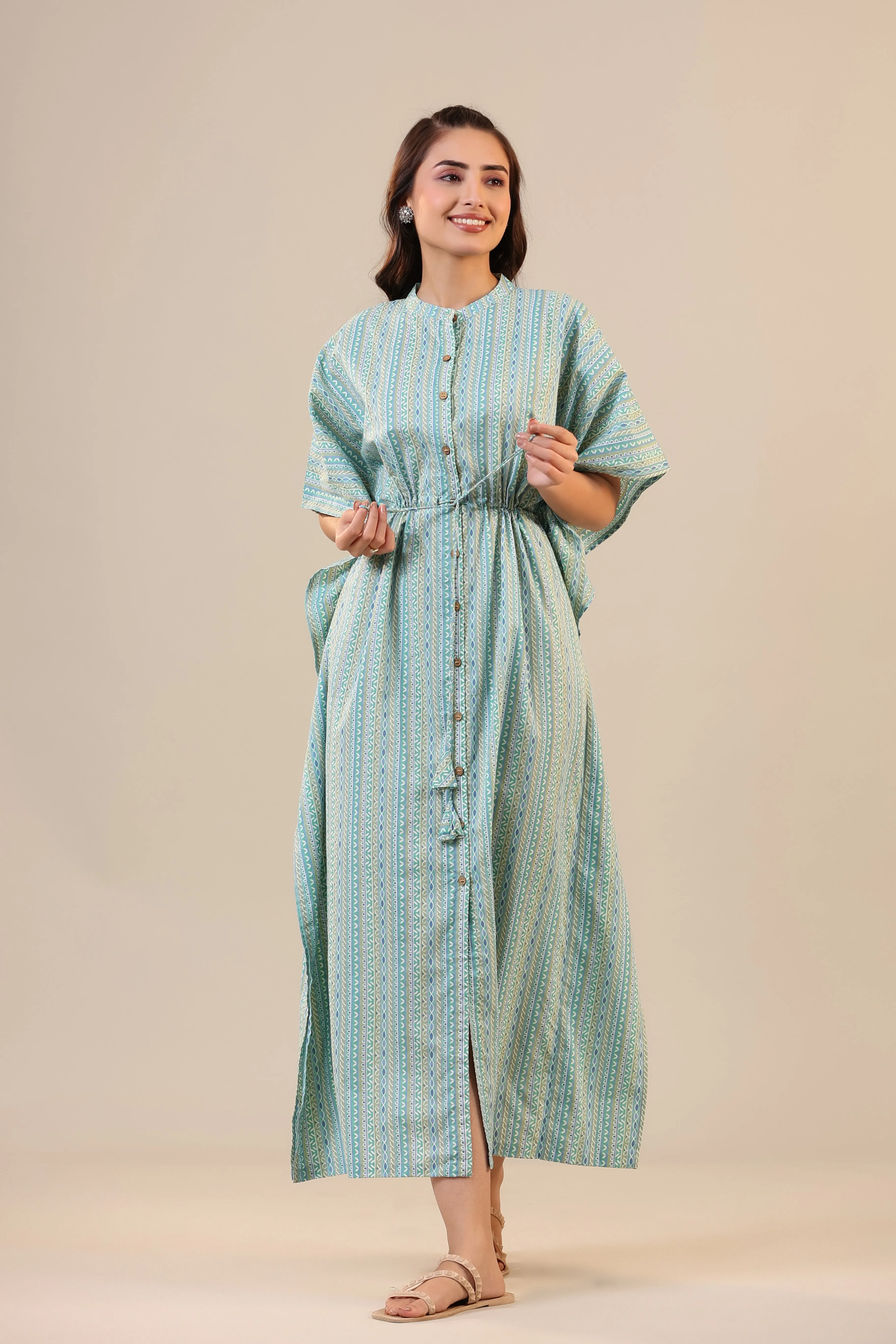 Ethnic Motif Stripes on Blue Front Buttoned Kaftan