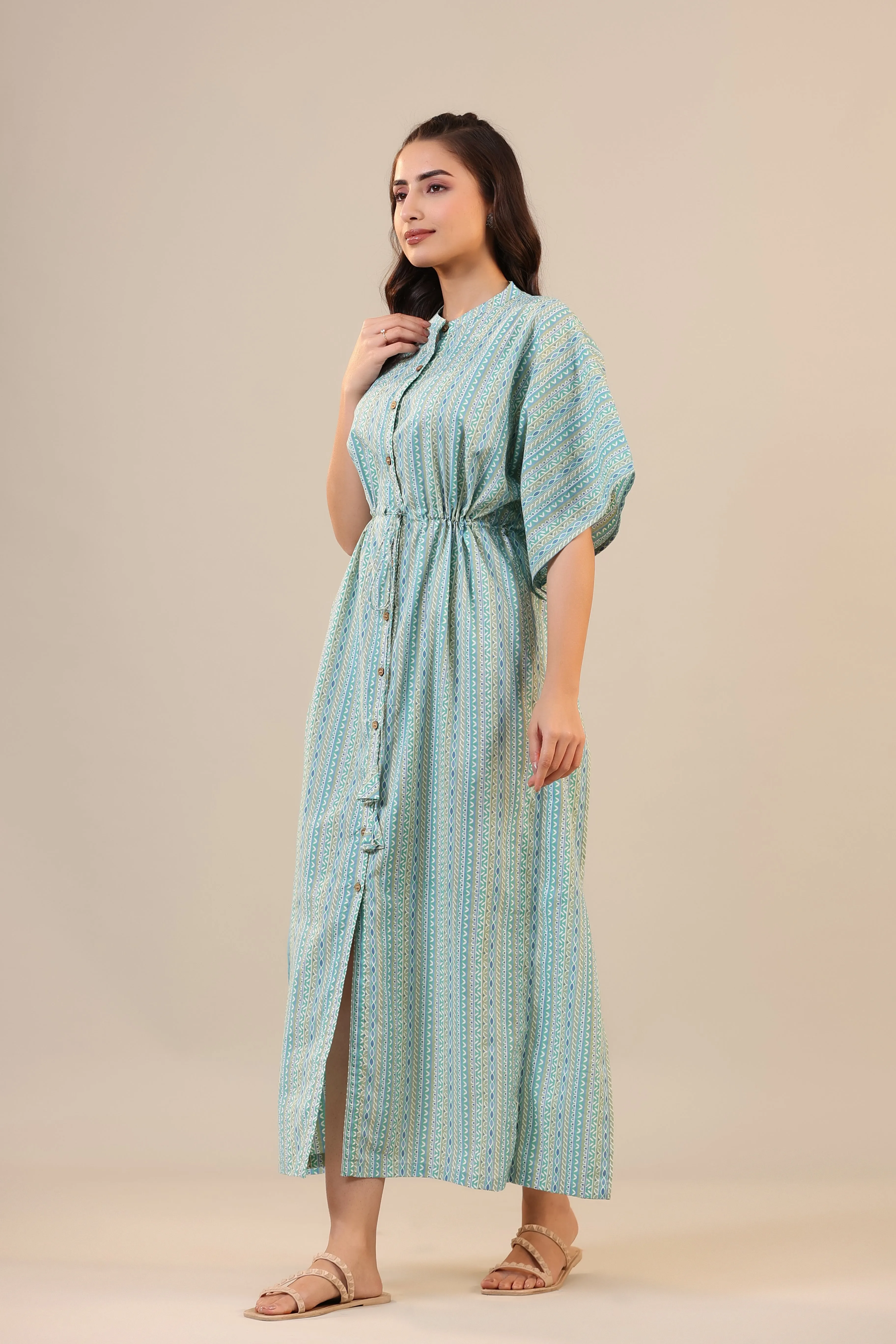 Ethnic Motif Stripes on Blue Front Buttoned Kaftan