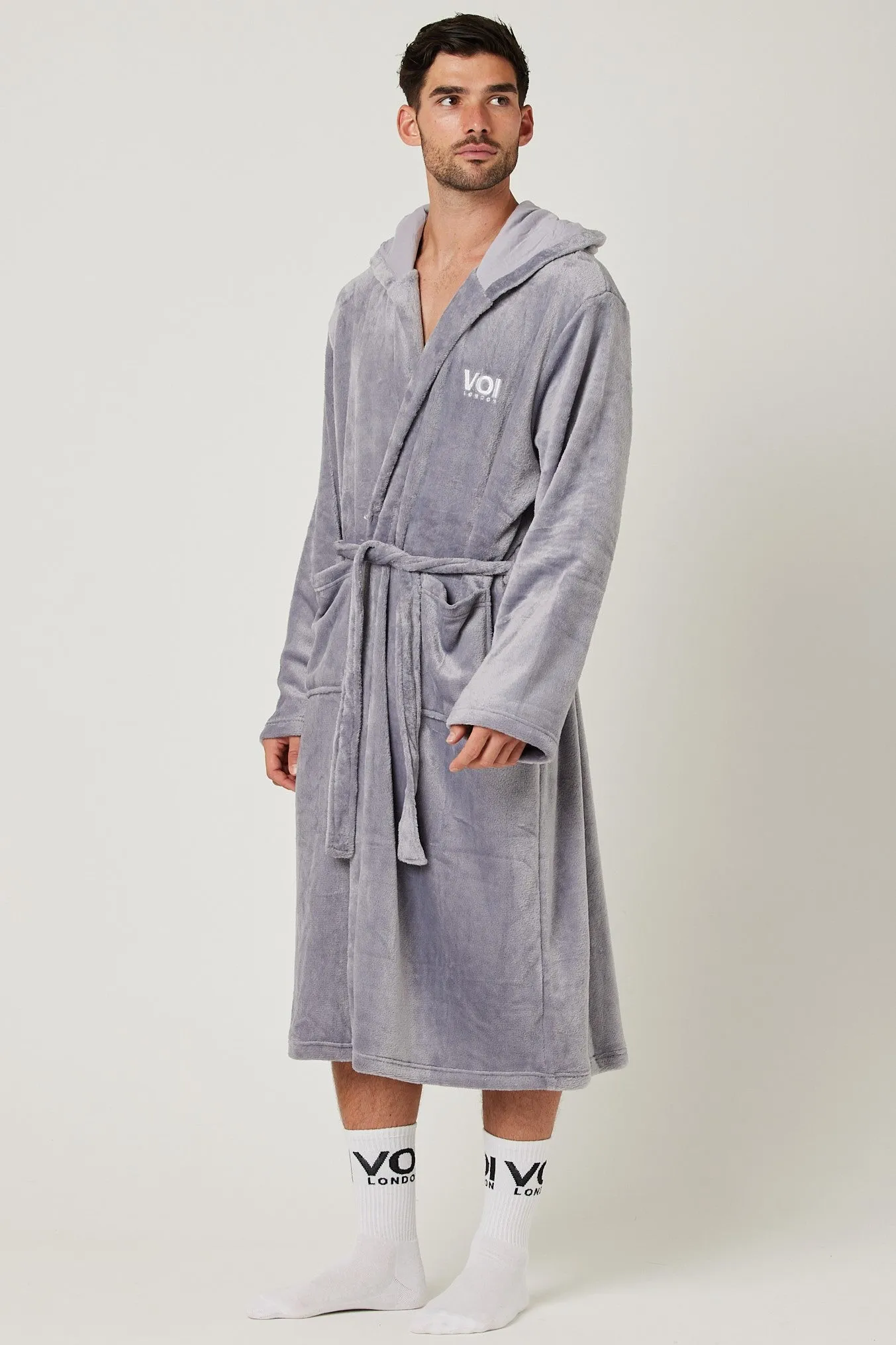 Fleece Dressing Gown & Cotton PJ Set Bundle - Grey/Black