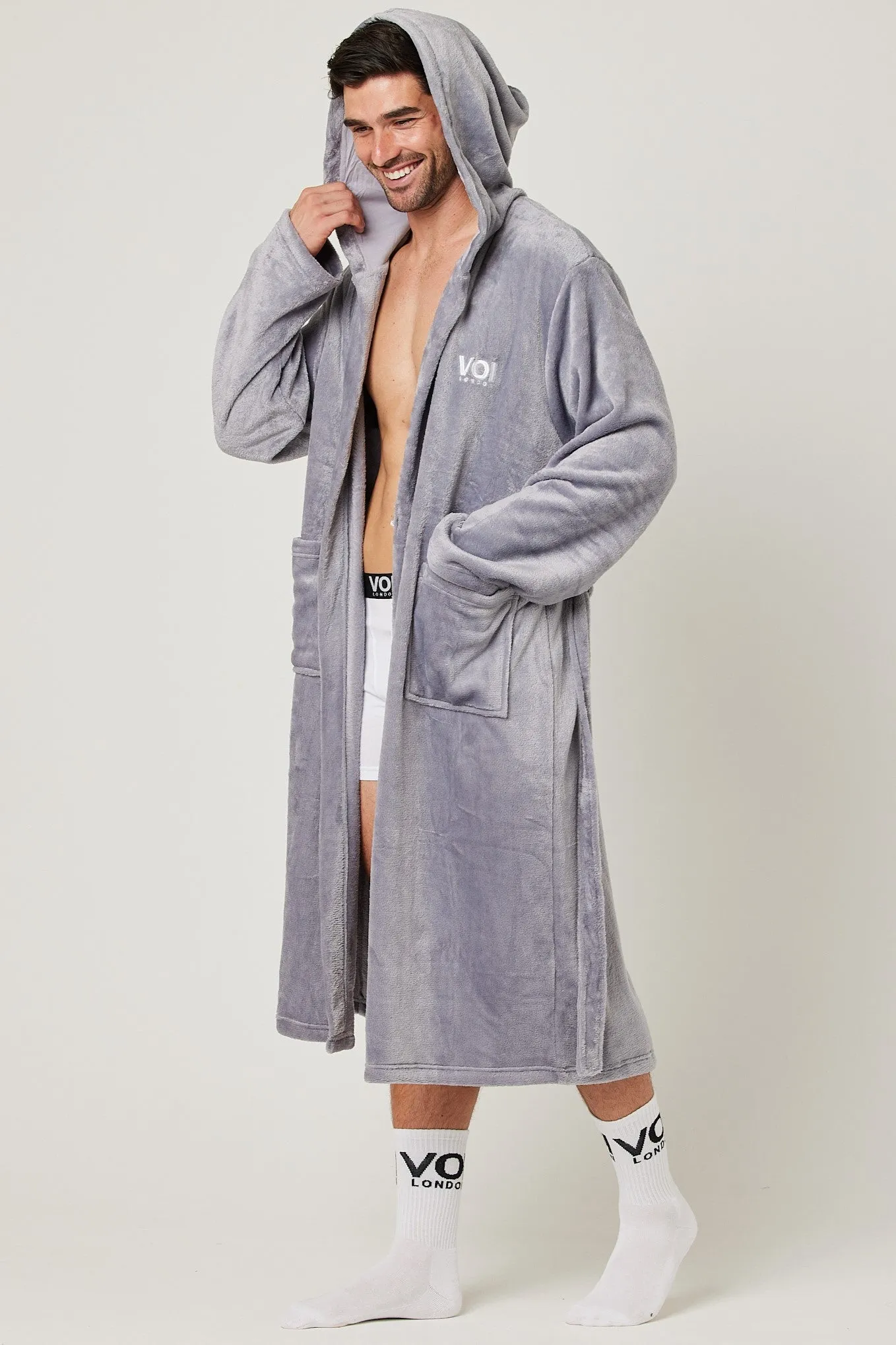 Fleece Dressing Gown & Cotton PJ Set Bundle - Grey/Black