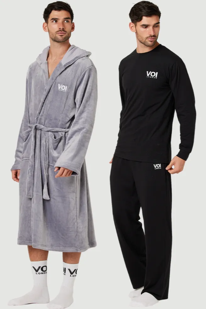 Fleece Dressing Gown & Cotton PJ Set Bundle - Grey/Black