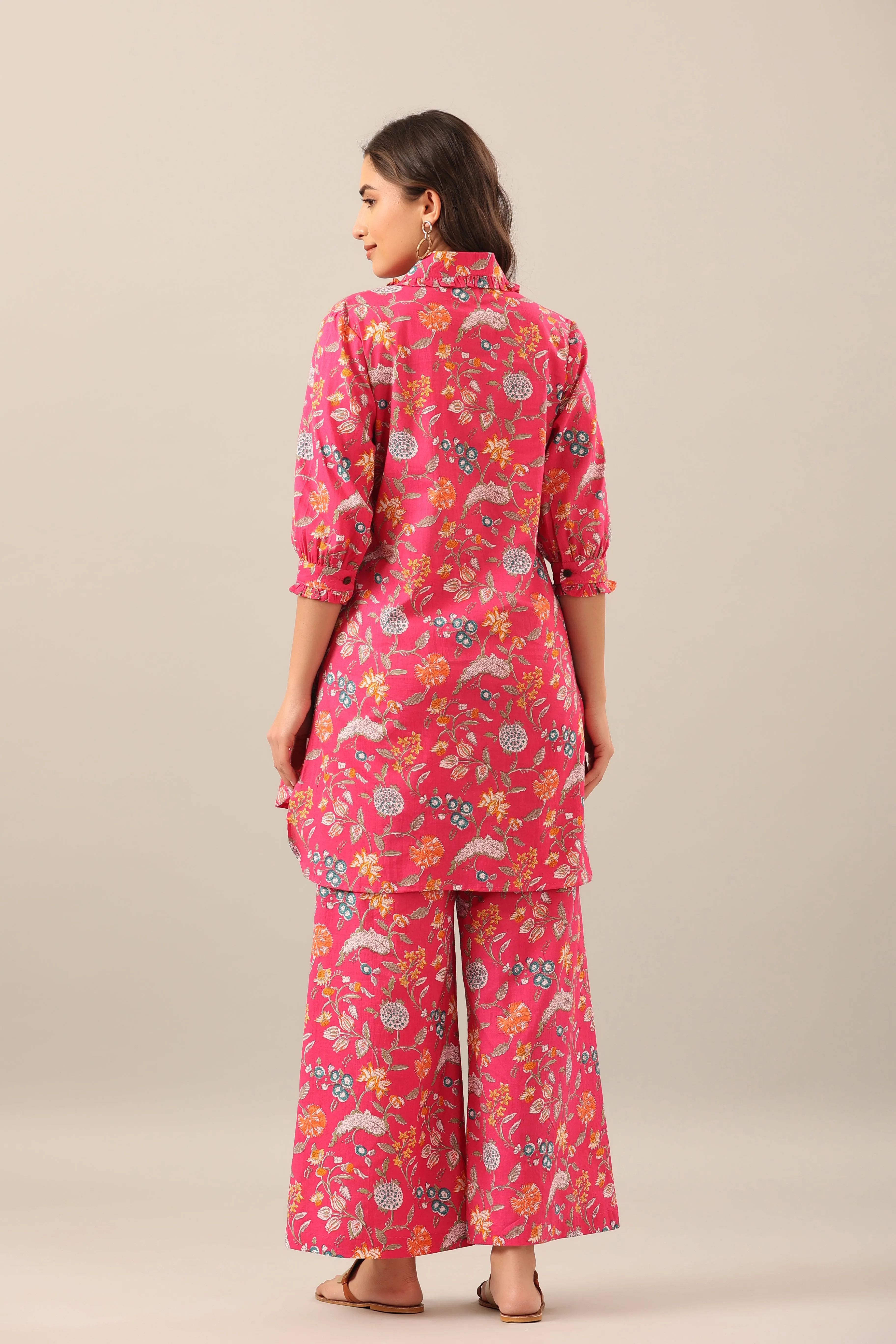 Floral Garden on Pink Collared Palazzo Loungewear Set