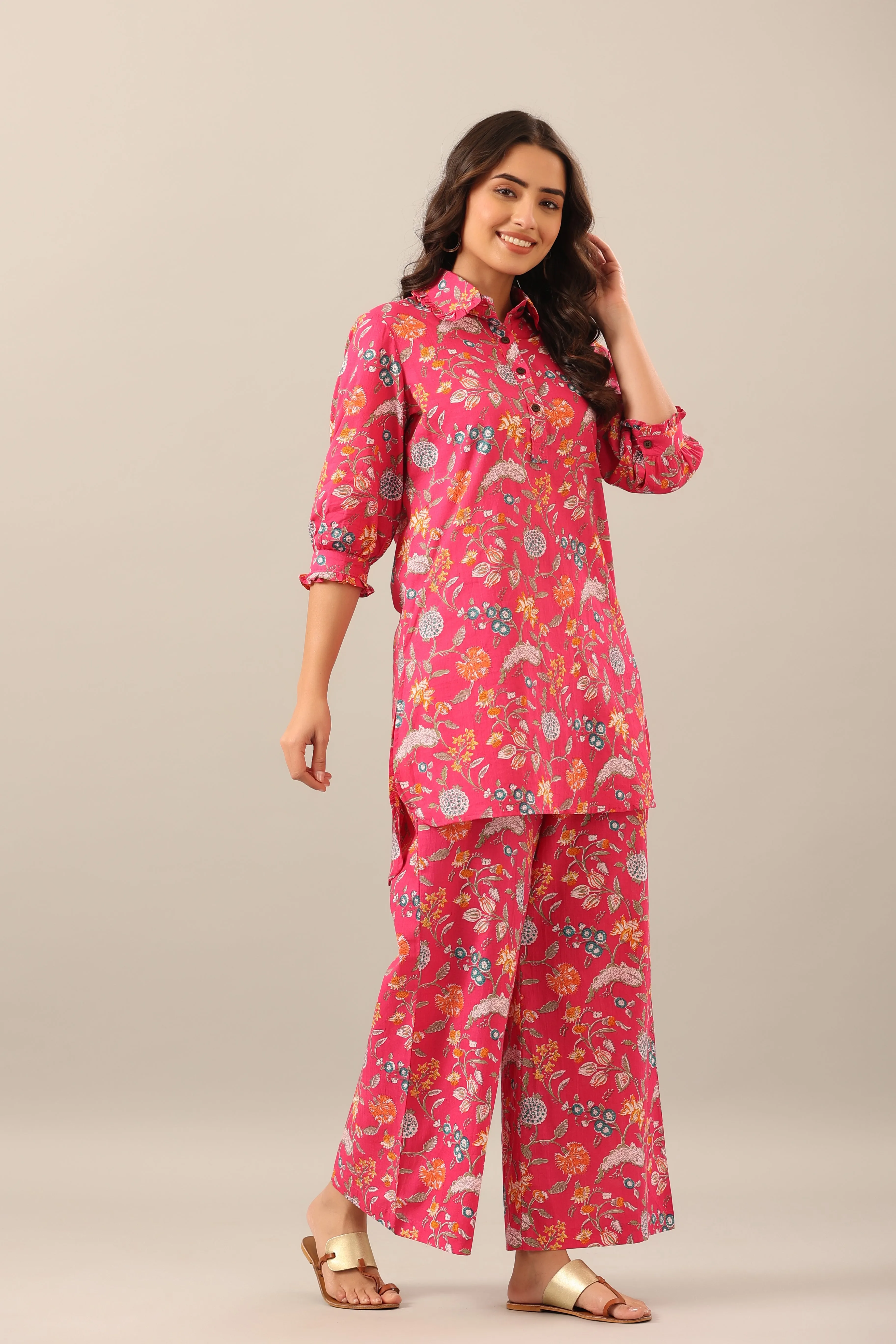 Floral Garden on Pink Collared Palazzo Loungewear Set