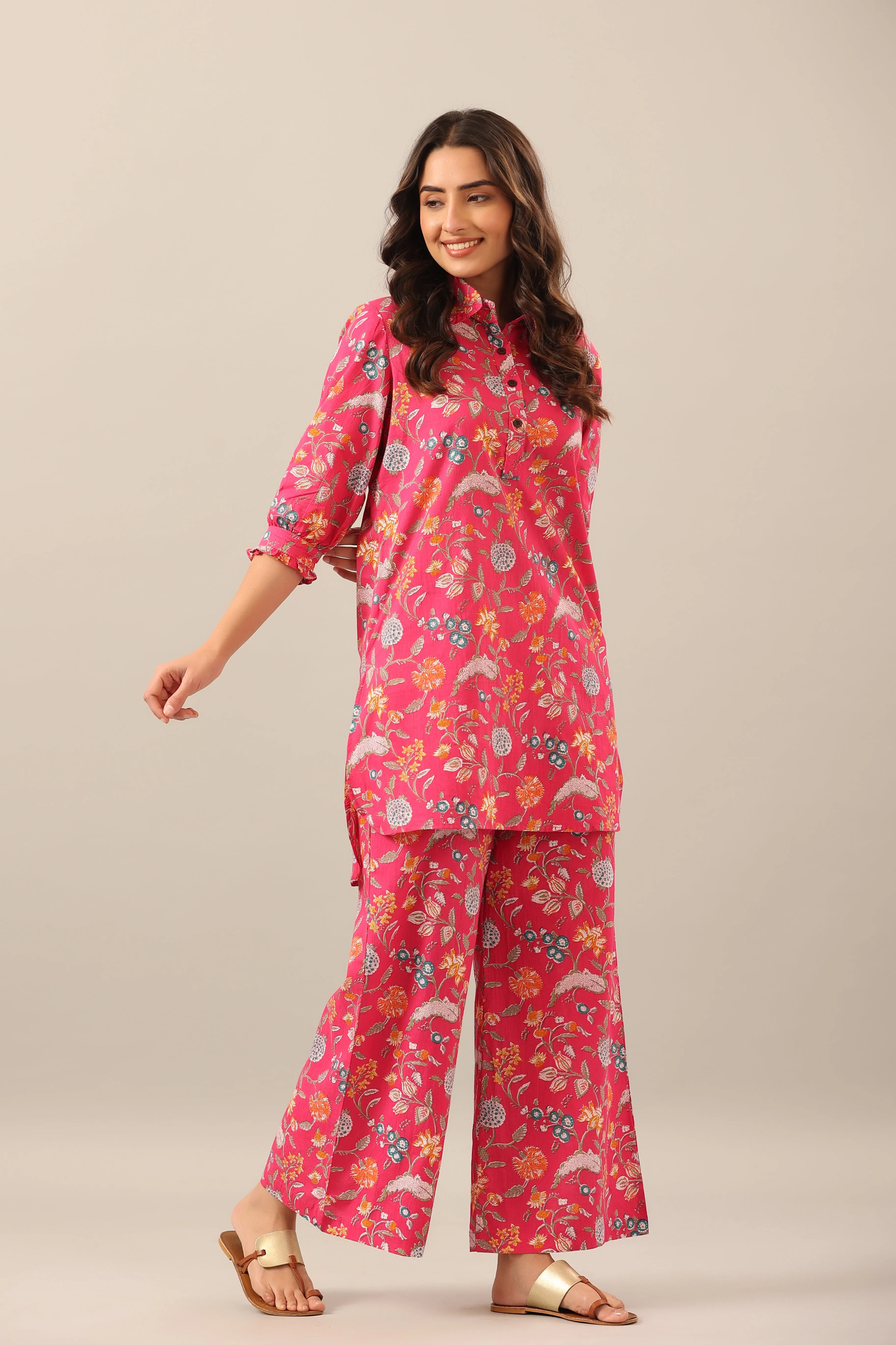 Floral Garden on Pink Collared Palazzo Loungewear Set