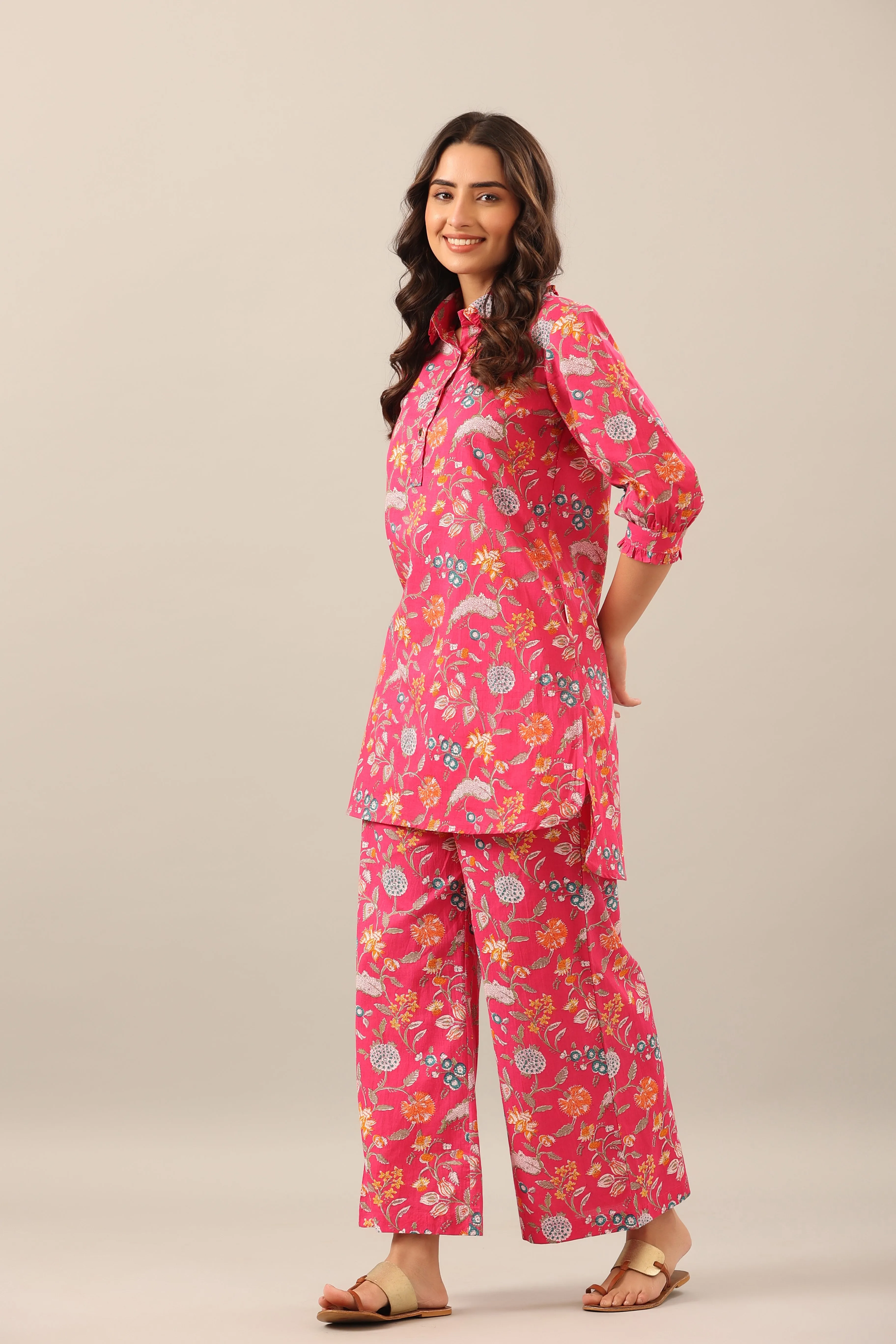 Floral Garden on Pink Collared Palazzo Loungewear Set