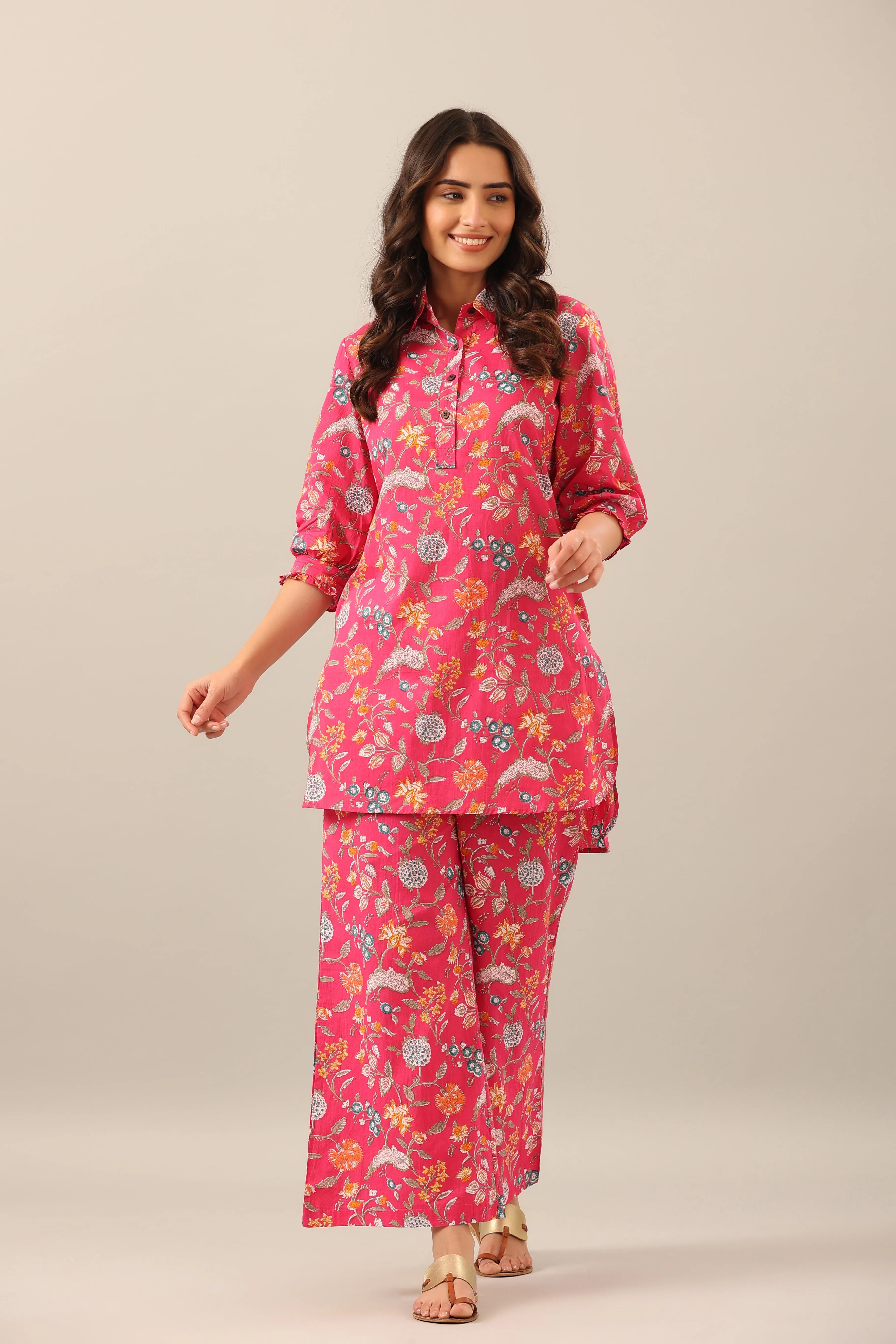 Floral Garden on Pink Collared Palazzo Loungewear Set