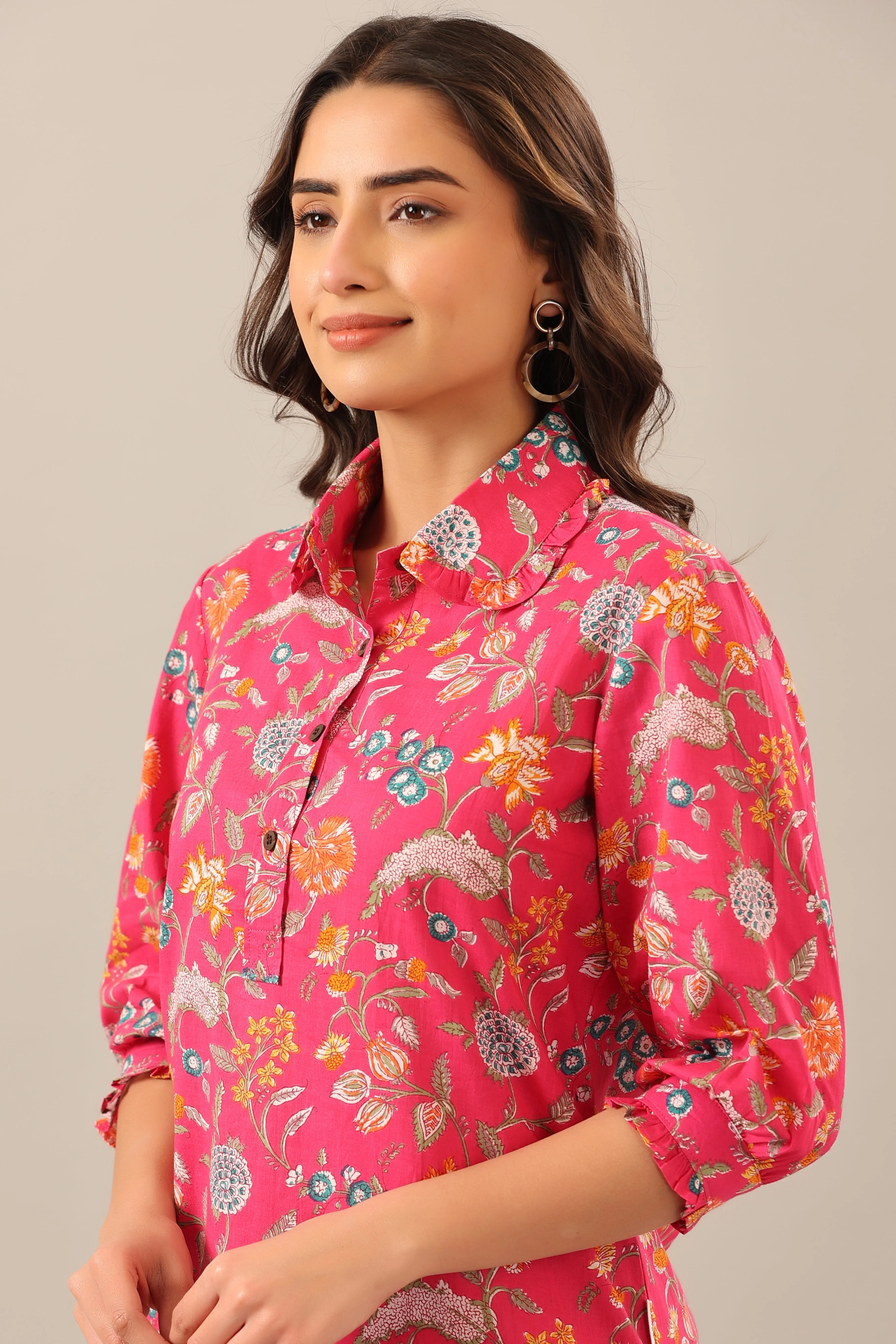 Floral Garden on Pink Collared Palazzo Loungewear Set