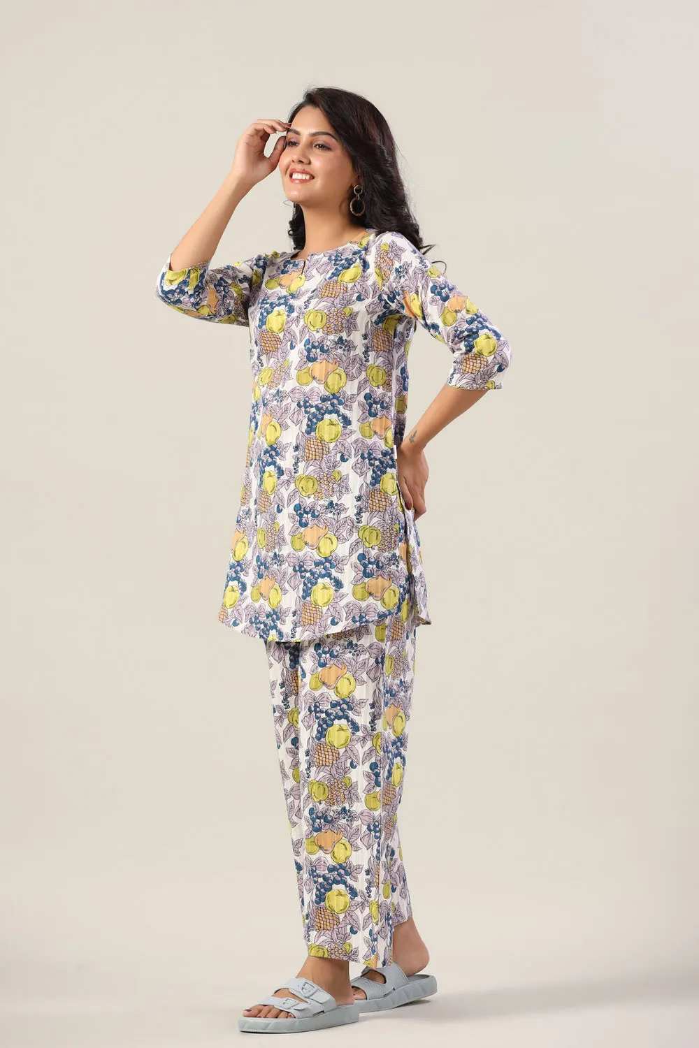 Fresh fruits on Blue Cotton Palazzo Loungewear Set