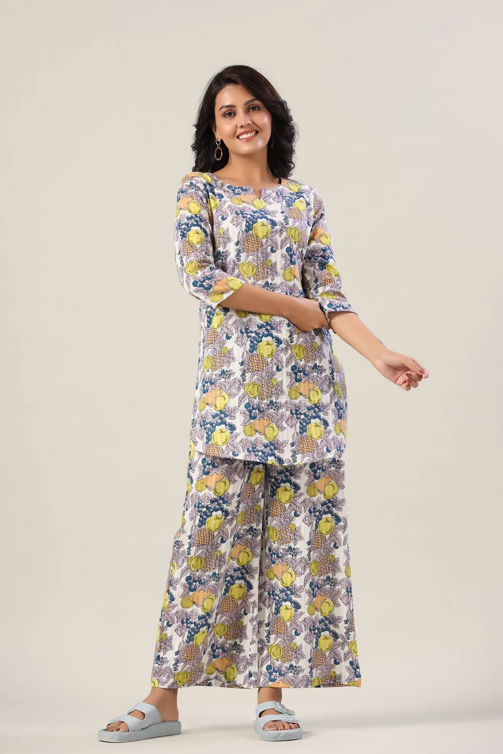 Fresh fruits on Blue Cotton Palazzo Loungewear Set