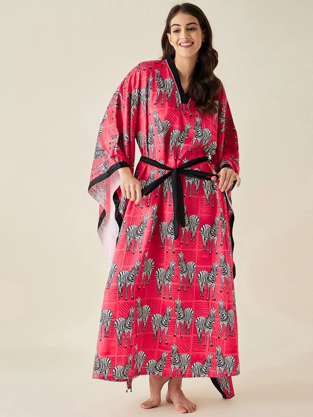 Fuschia Zebra Satin Kimono Loungewear (Final Sale)