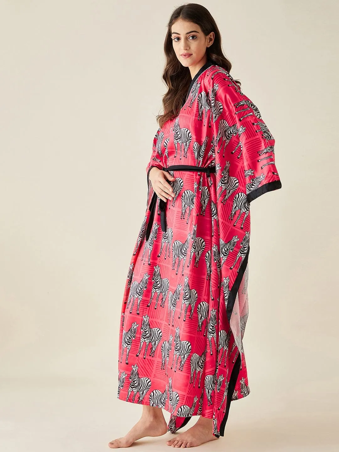 Fuschia Zebra Satin Kimono Loungewear (Final Sale)