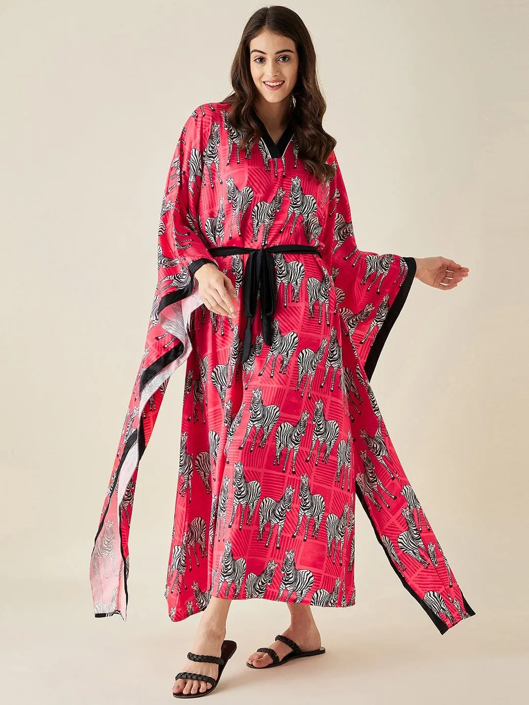 Fuschia Zebra Satin Kimono Loungewear (Final Sale)