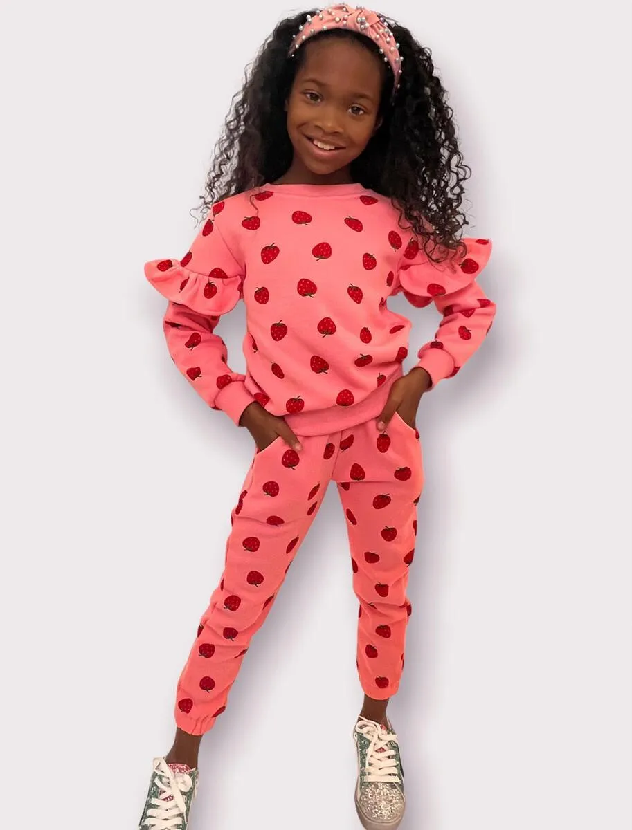 Girls Loungewear| Strawberry Ruffle Joggers Set | Lola and The Boys