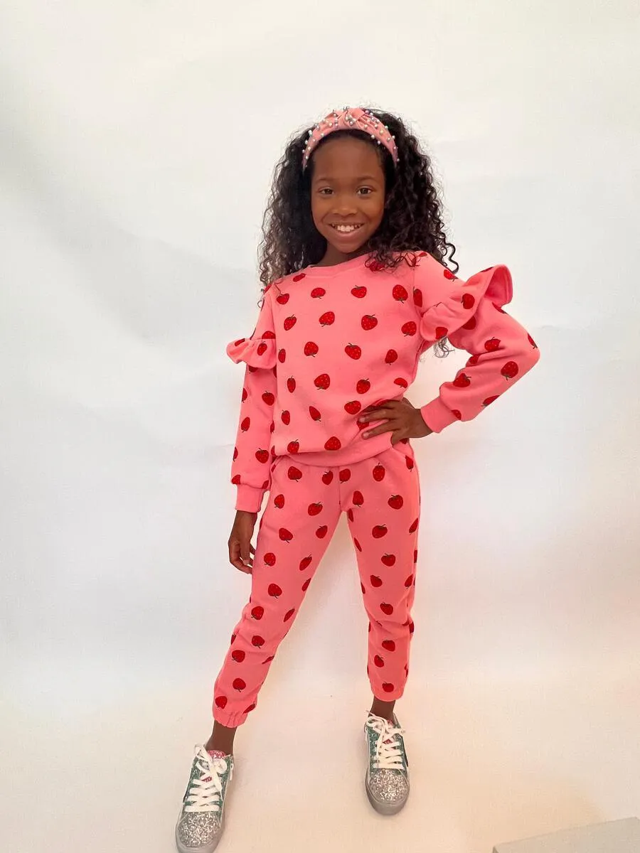 Girls Loungewear| Strawberry Ruffle Joggers Set | Lola and The Boys