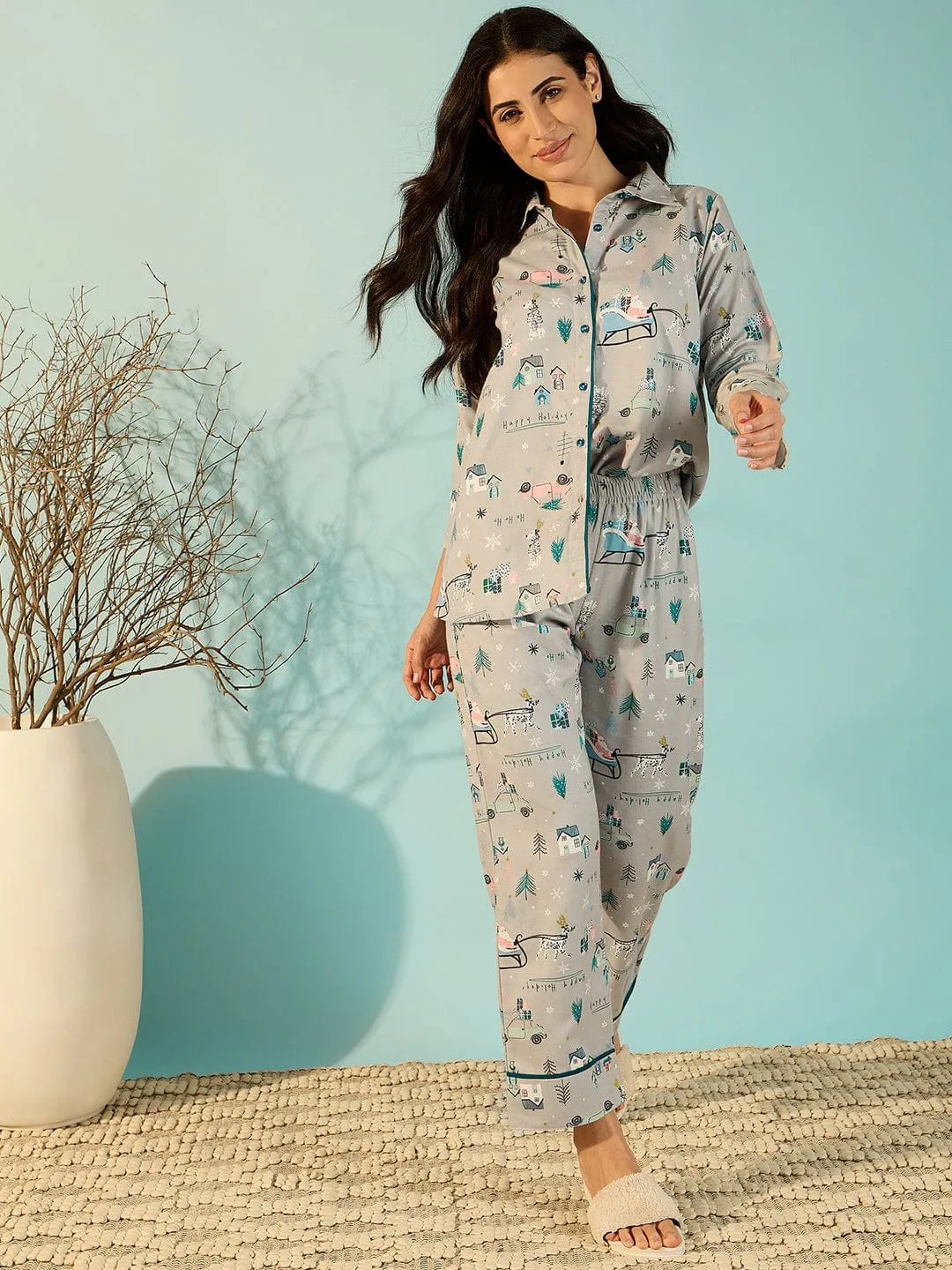 Grey Soft Cotton Chic Night Suit Set For Women