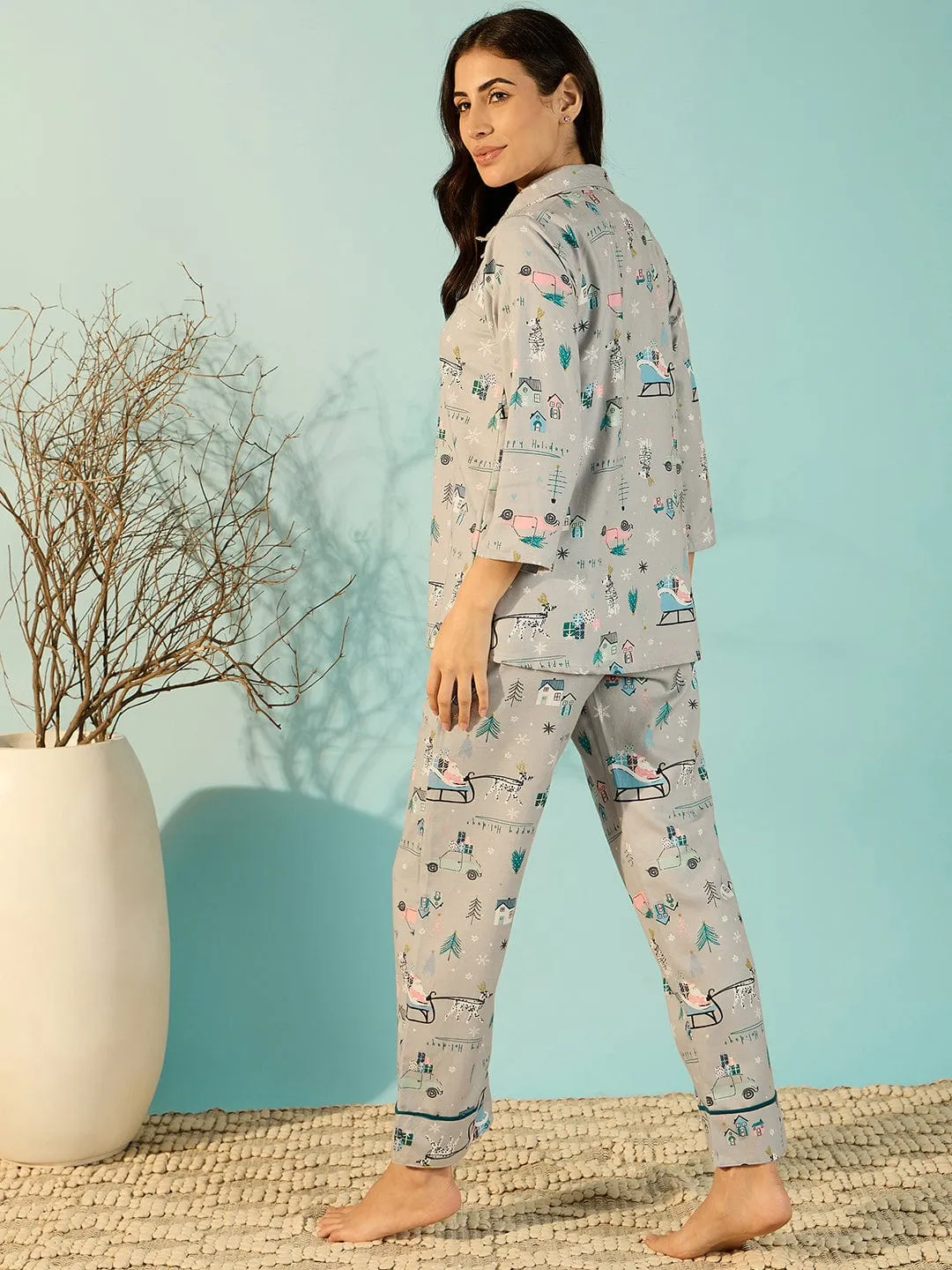 Grey Soft Cotton Chic Night Suit Set For Women