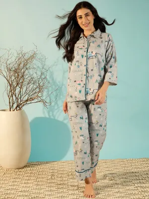 Grey Soft Cotton Chic Night Suit Set For Women