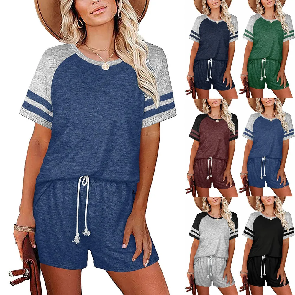 Haute Edition Raglan Contrast Striped Pajama Lounge Short Two Piece Set 