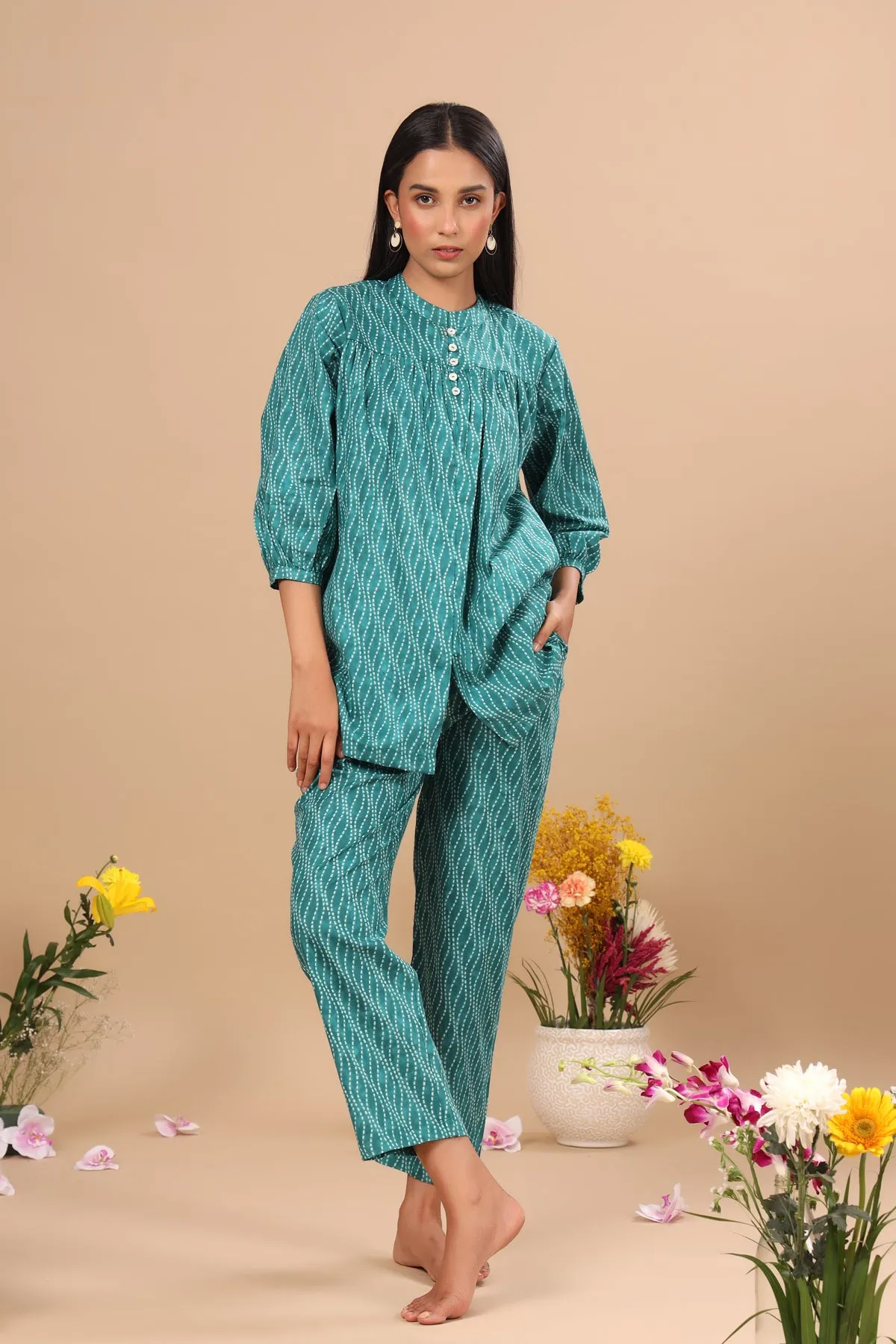 High Lines on Shibori Teal Loungewear Top Set