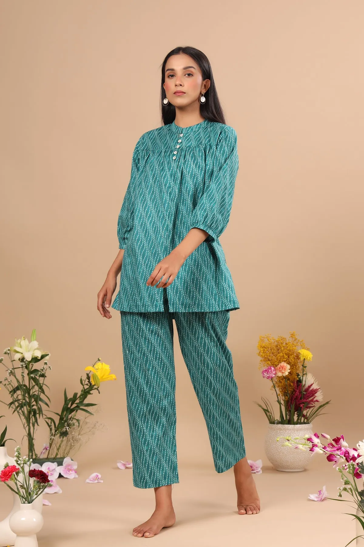 High Lines on Shibori Teal Loungewear Top Set