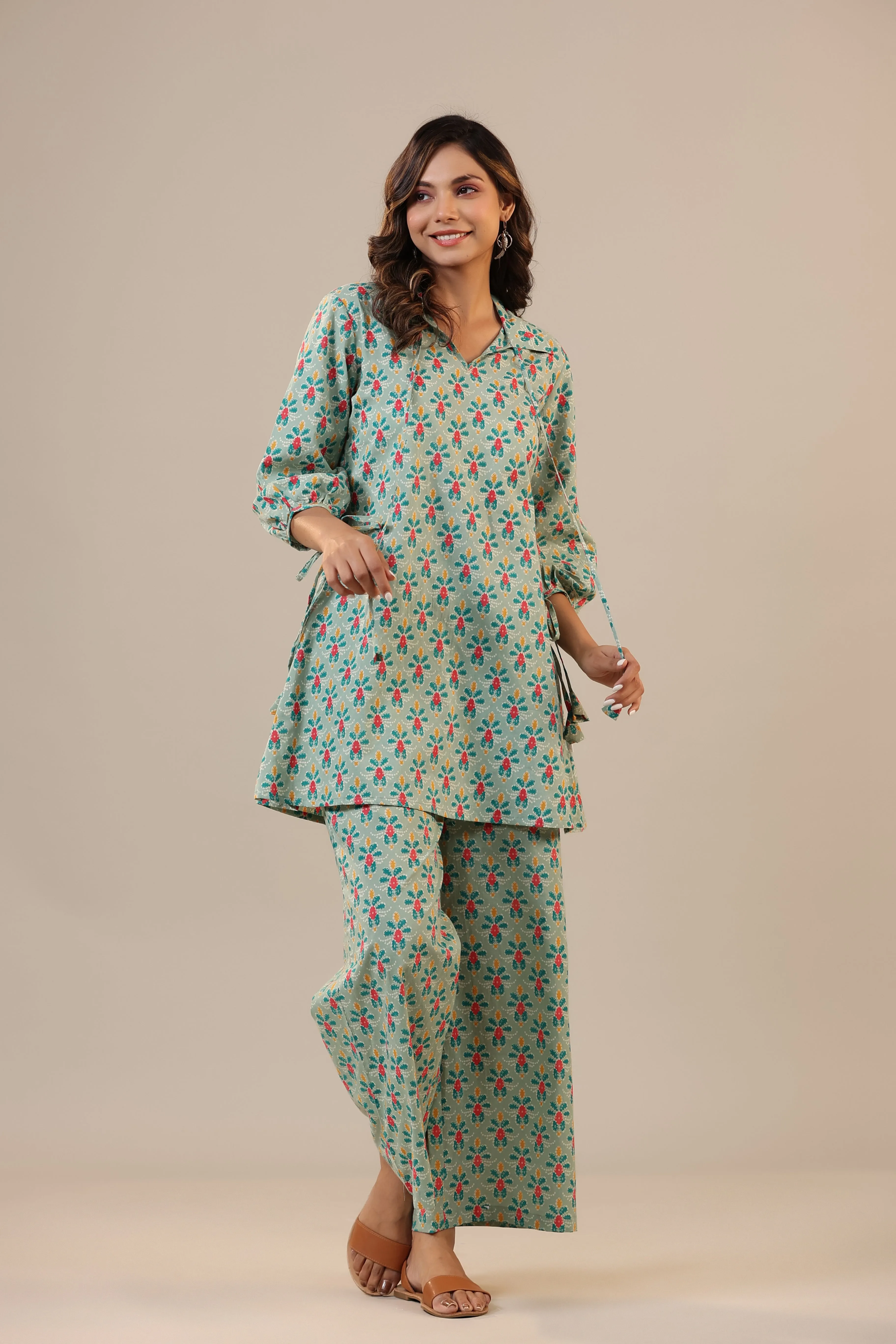 Ikat Checkered Florals on Cotton Collared Loungewear Set