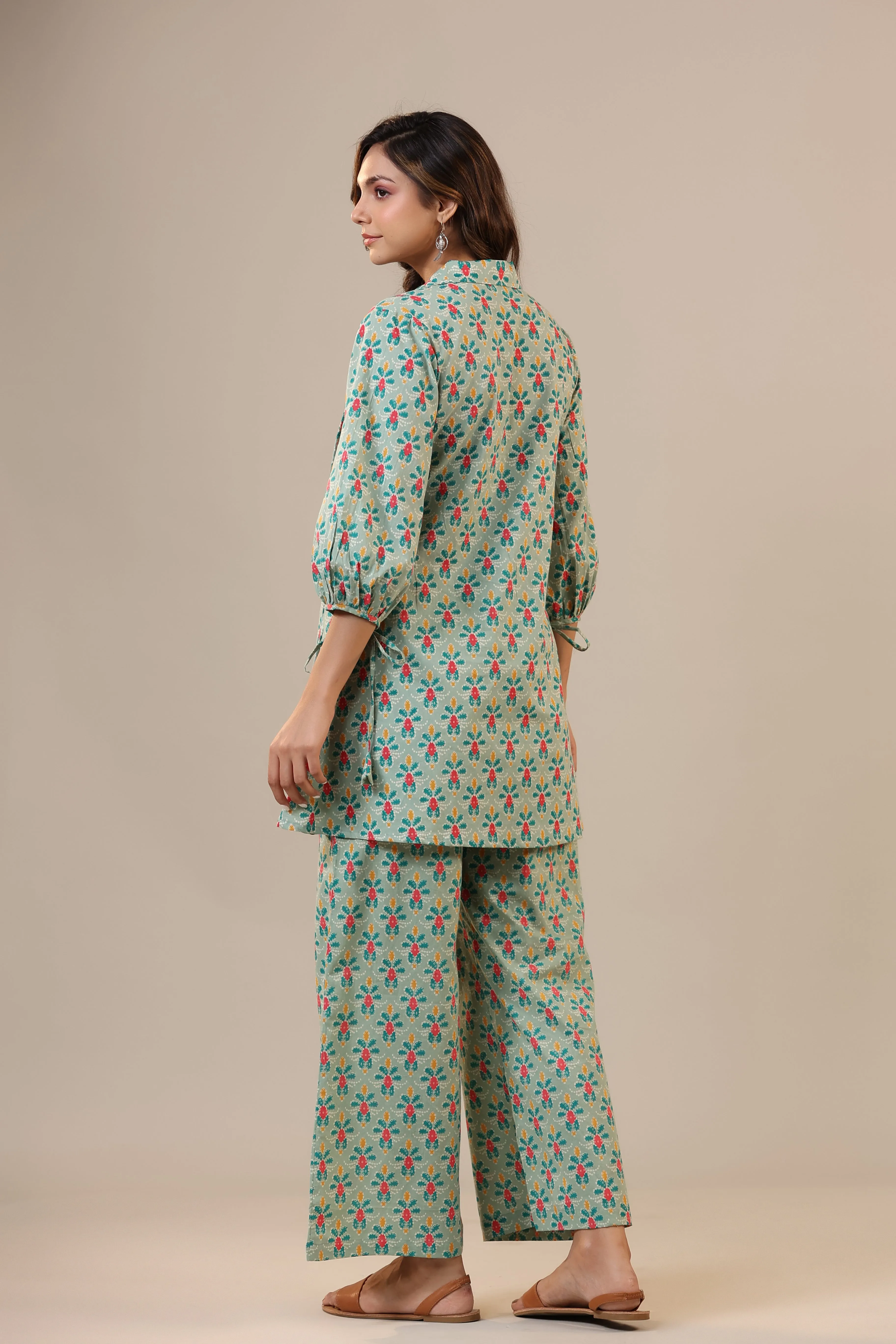 Ikat Checkered Florals on Cotton Collared Loungewear Set