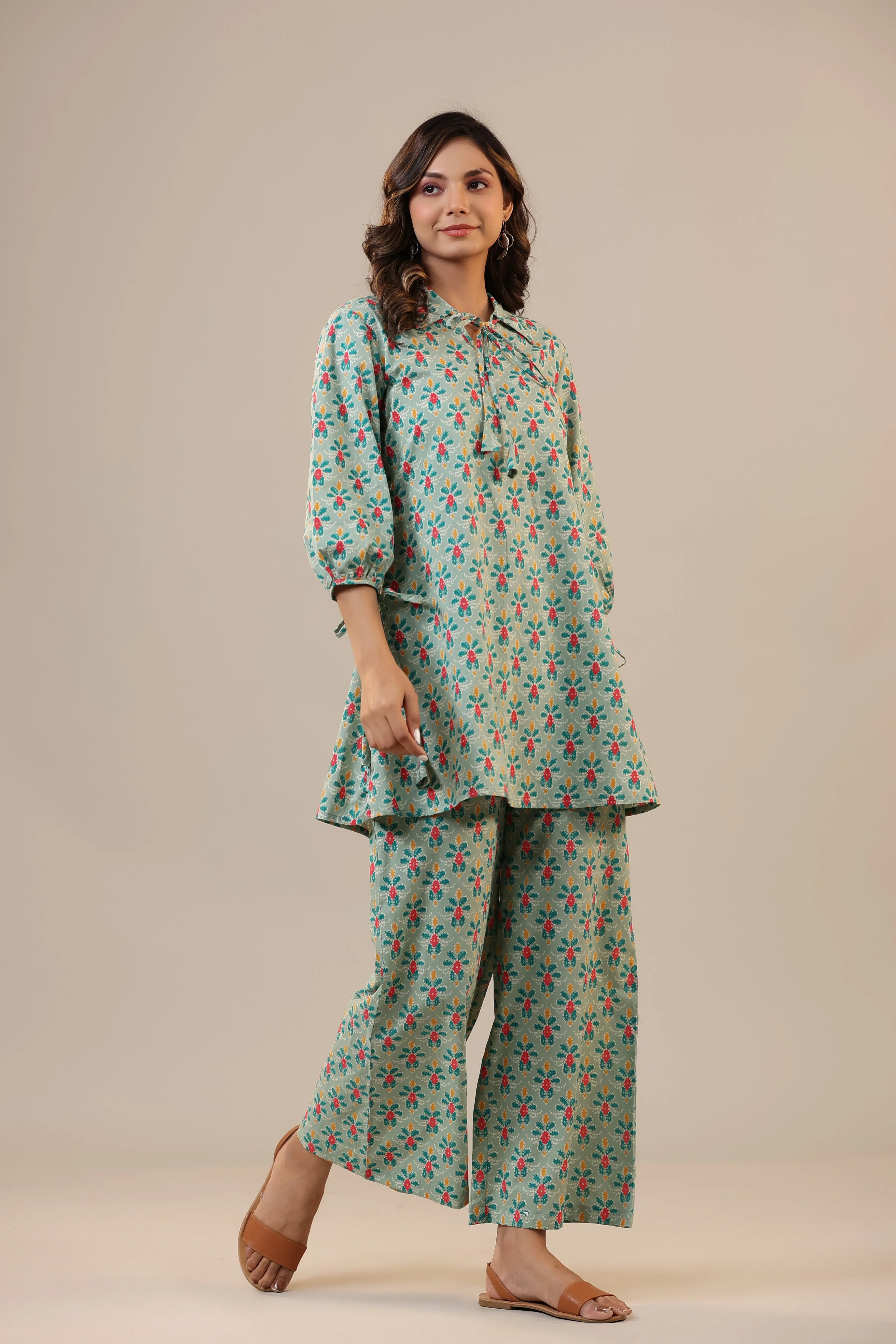 Ikat Checkered Florals on Cotton Collared Loungewear Set