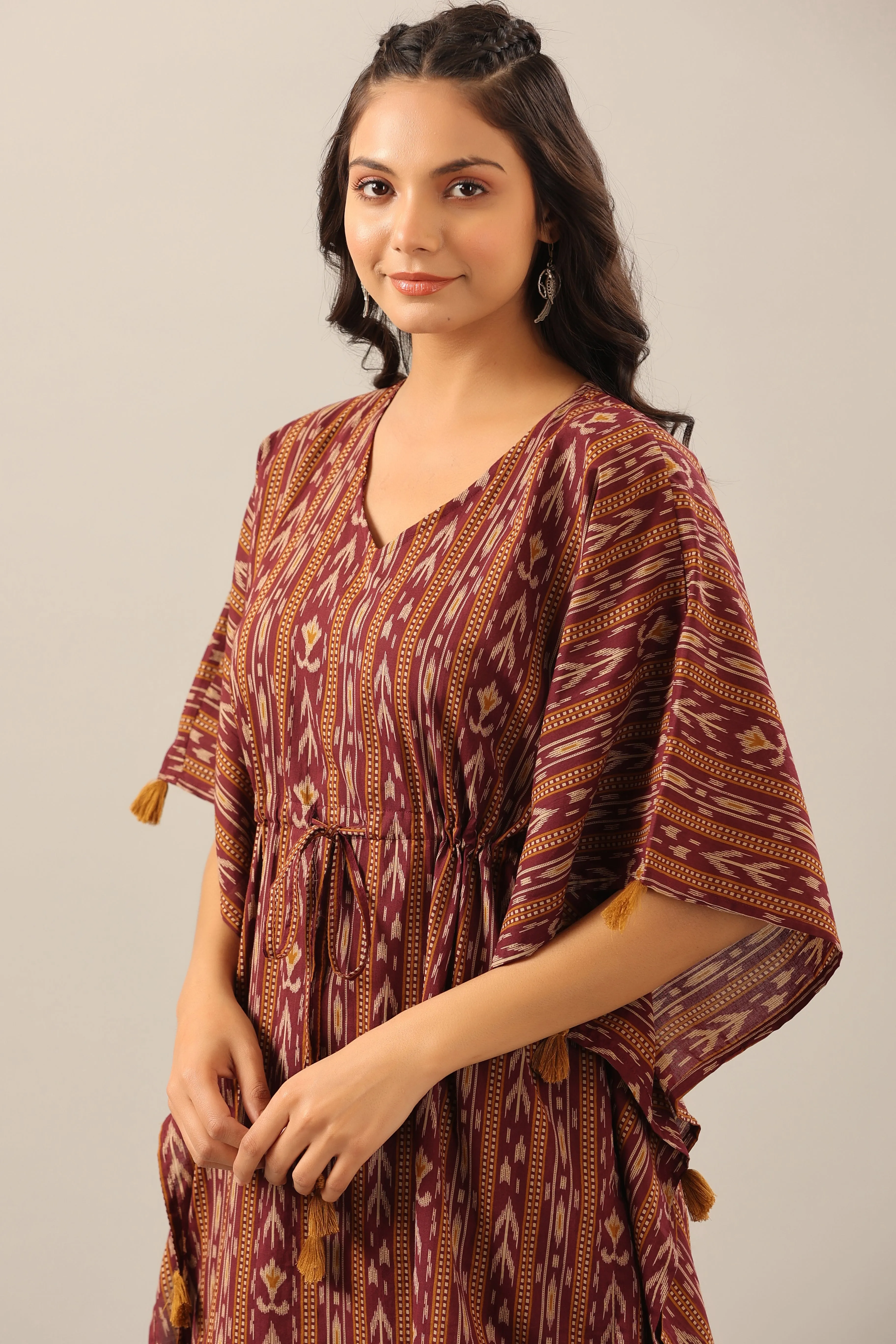 Ikat Stripes on brown cotton Kaftan Pajama Set