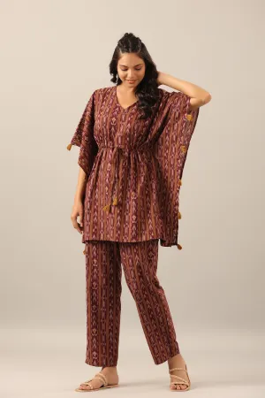 Ikat Stripes on brown cotton Kaftan Pajama Set