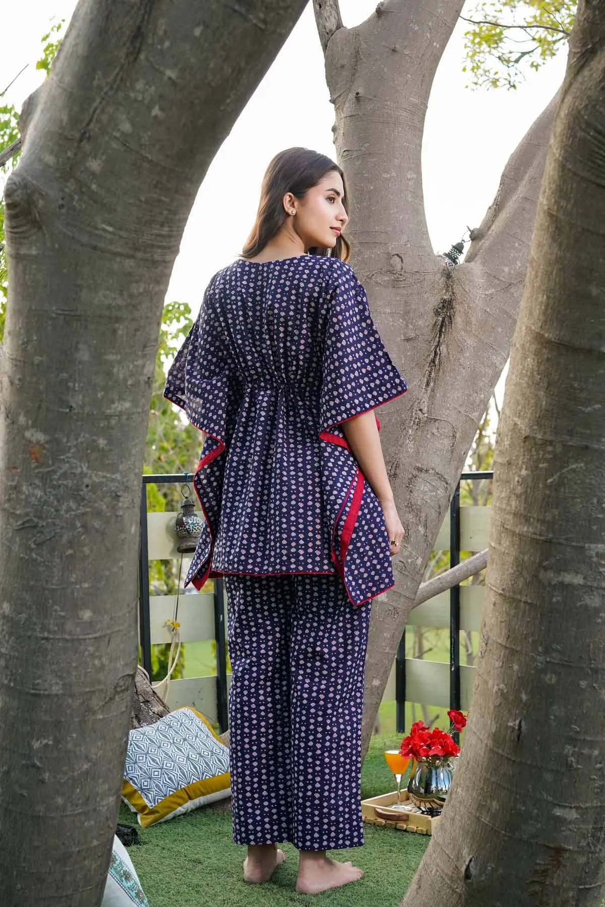 Kaftan Style Loungewear Set In Navy Blue Color