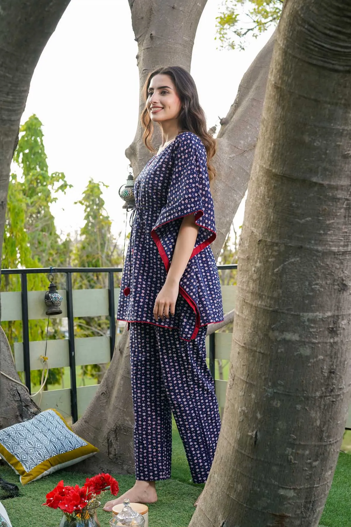 Kaftan Style Loungewear Set In Navy Blue Color