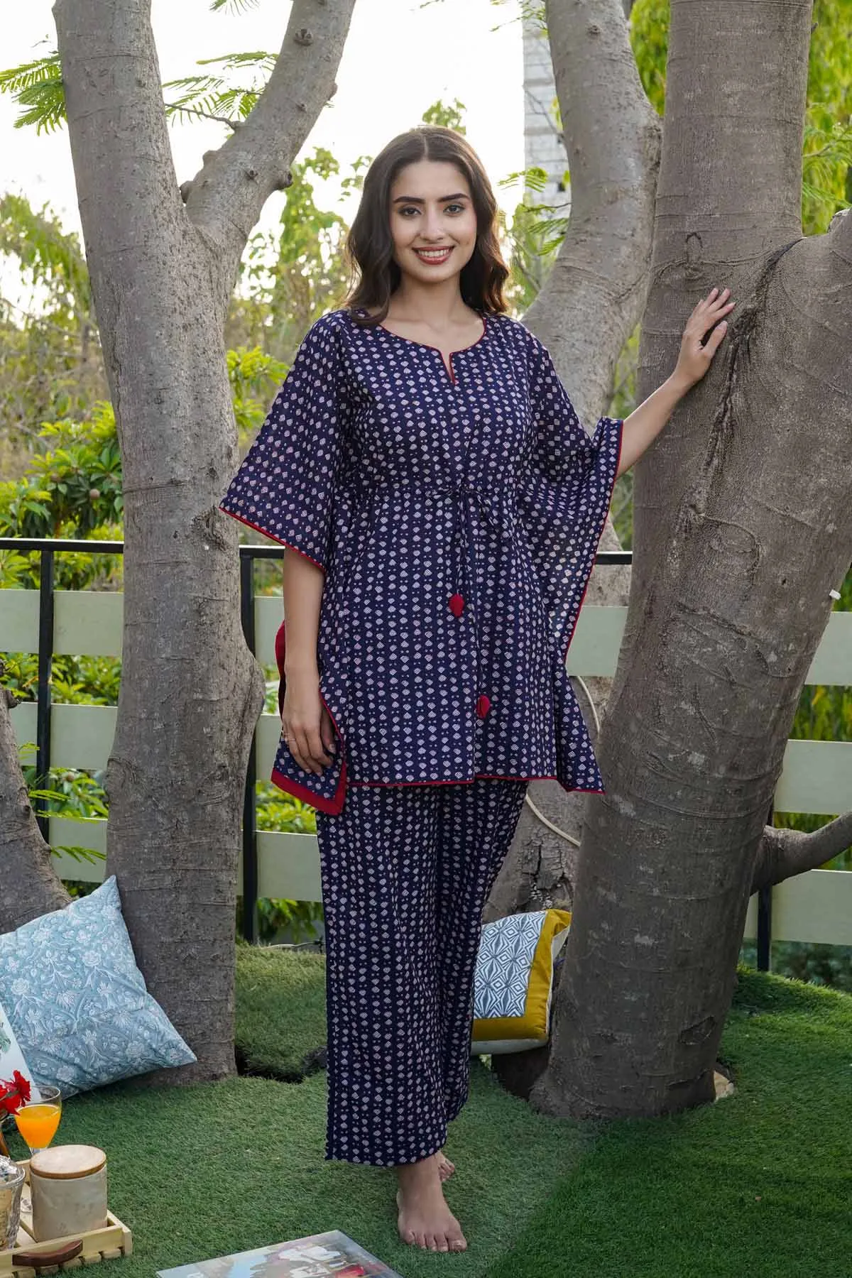 Kaftan Style Loungewear Set In Navy Blue Color