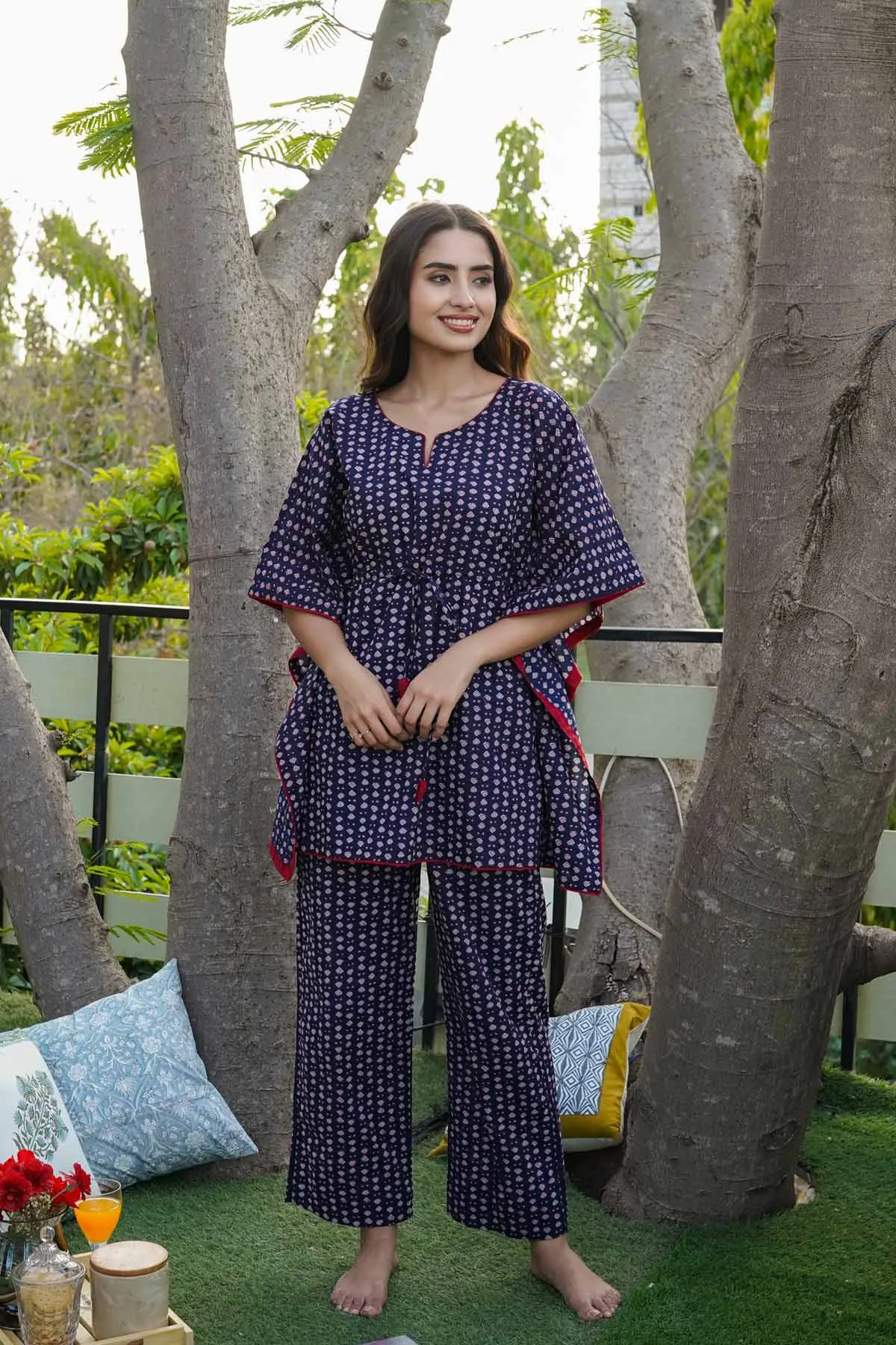 Kaftan Style Loungewear Set In Navy Blue Color