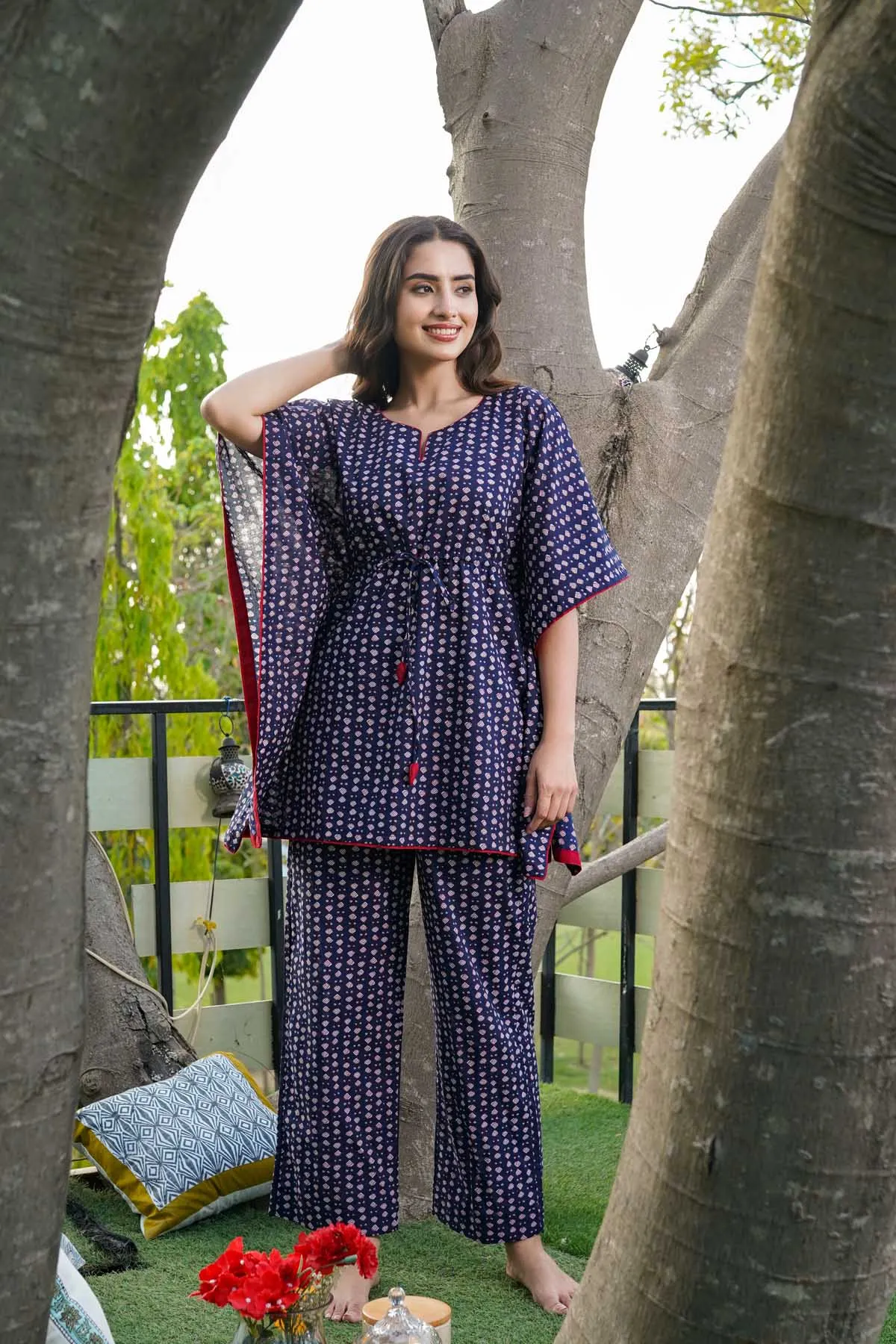 Kaftan Style Loungewear Set In Navy Blue Color