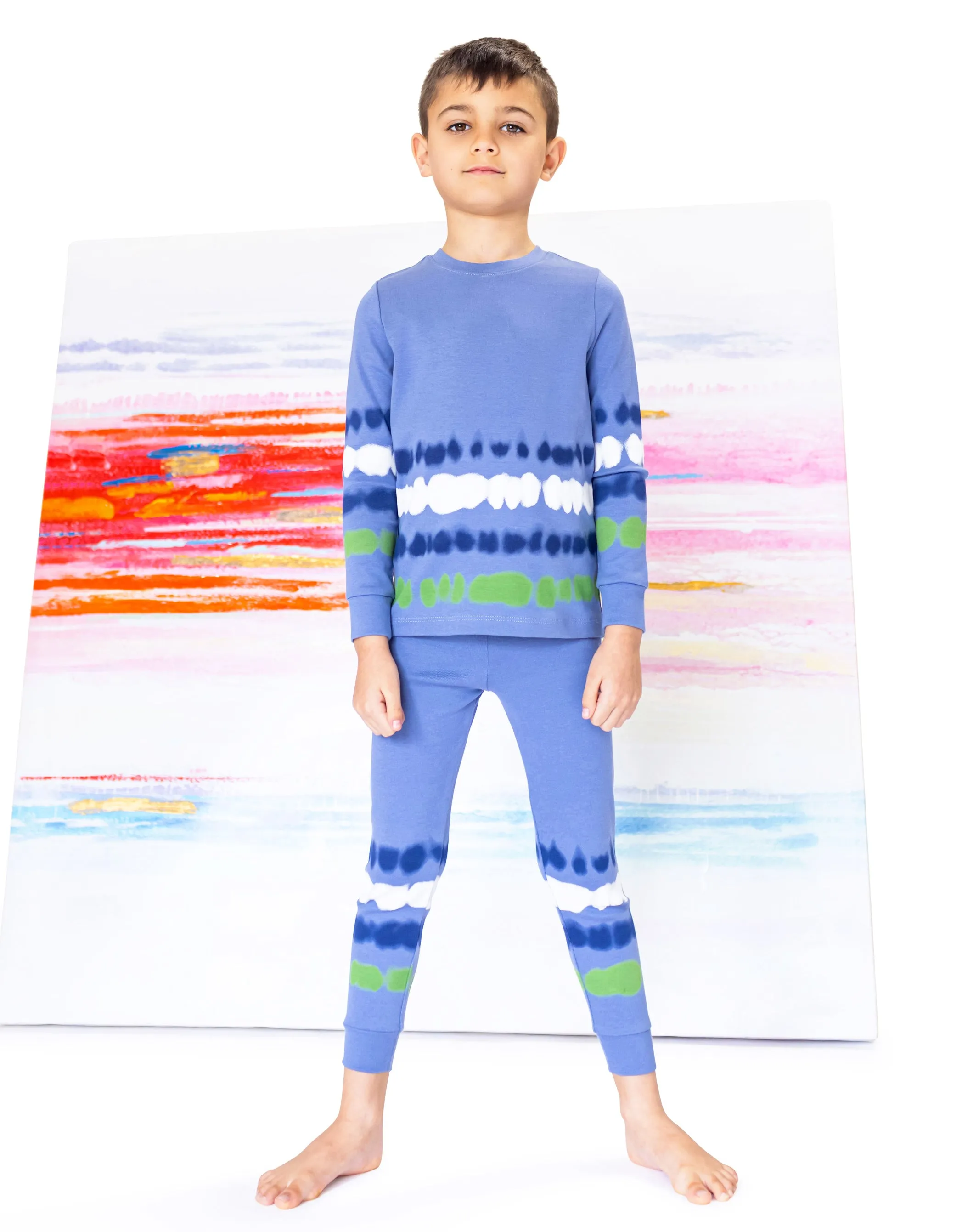 Kids Pima Cotton Striped Tie Dye Legging Playwear Set Blue