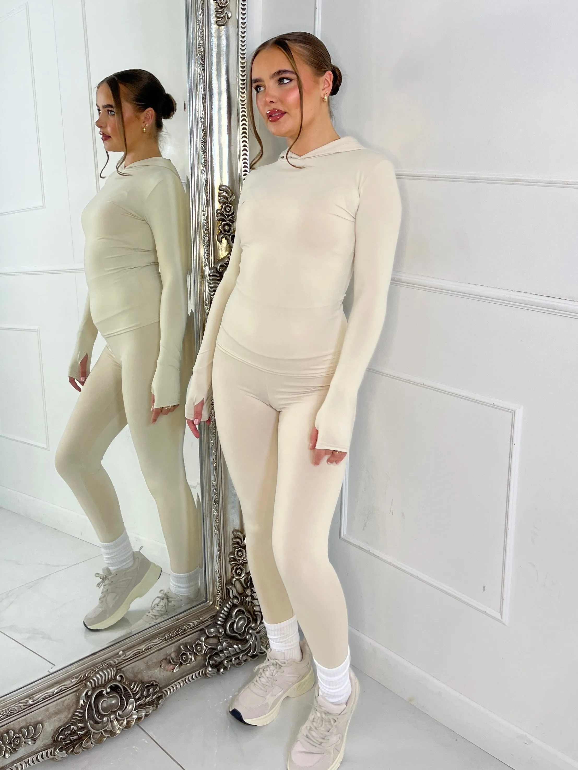 Long Sleeve Second Skin Hooded Top and Leggings Co-Ord - Beige