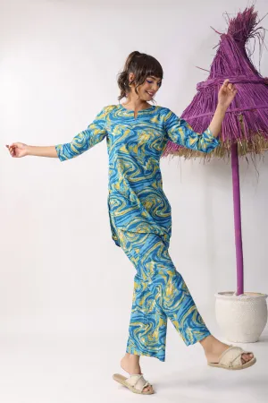 Marble Print Blue Cotton Palazzo Loungewear Set