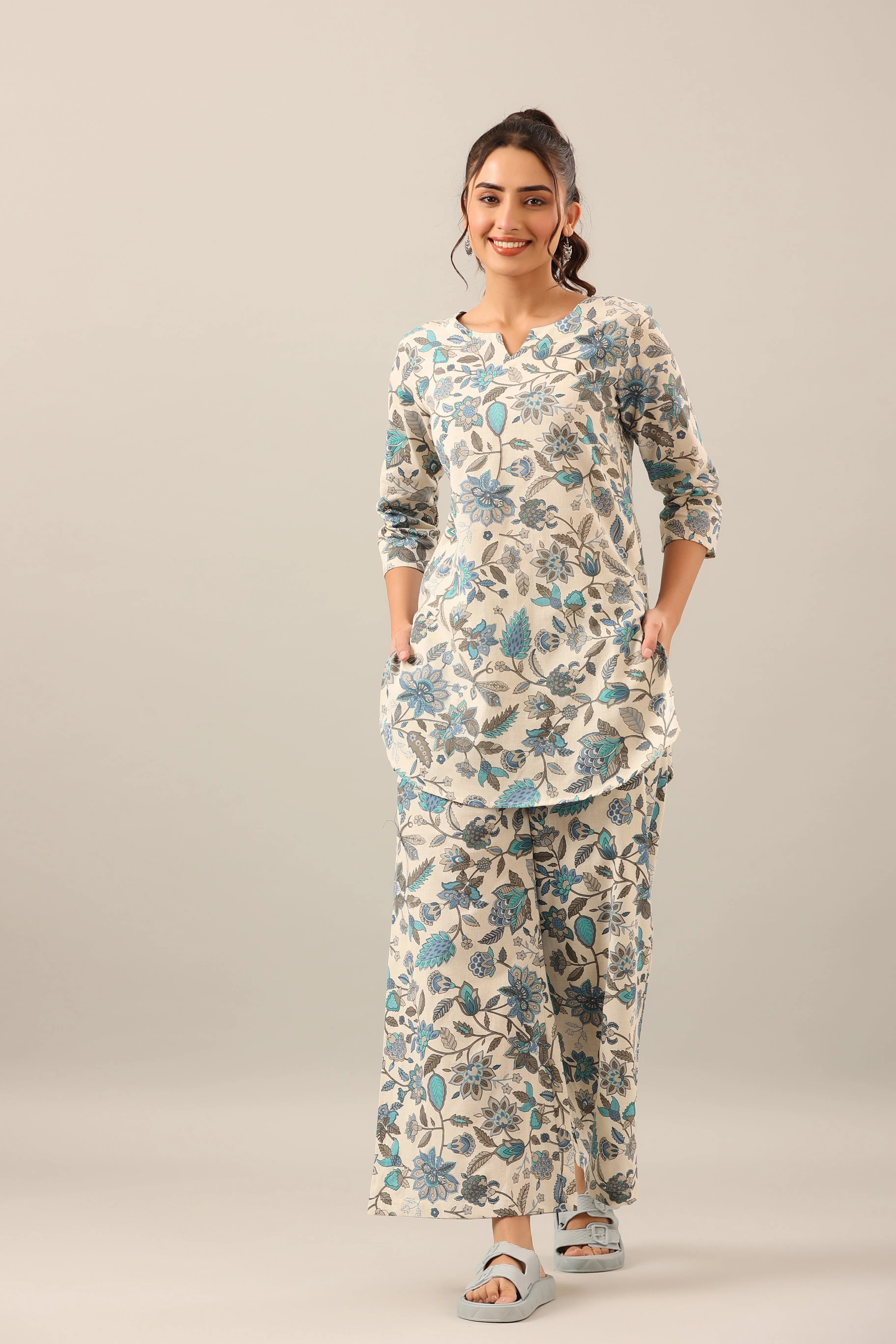 Marine Jaal On Off White Cotton Flex Palazzo Loungewear Set